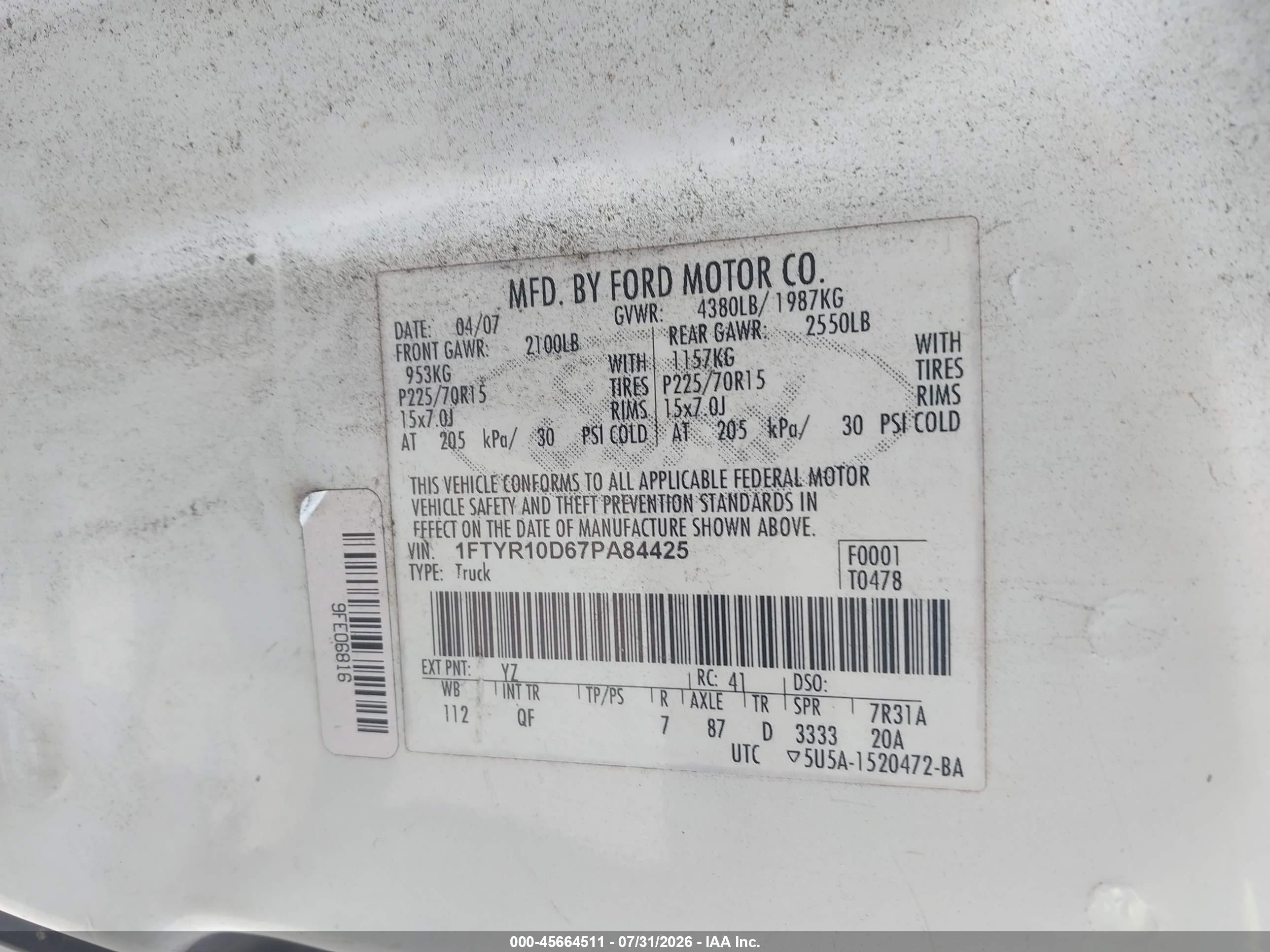 2007 Ford Ranger Stx/xl/xlt Gray vin: 1FTYR10D67PA84425