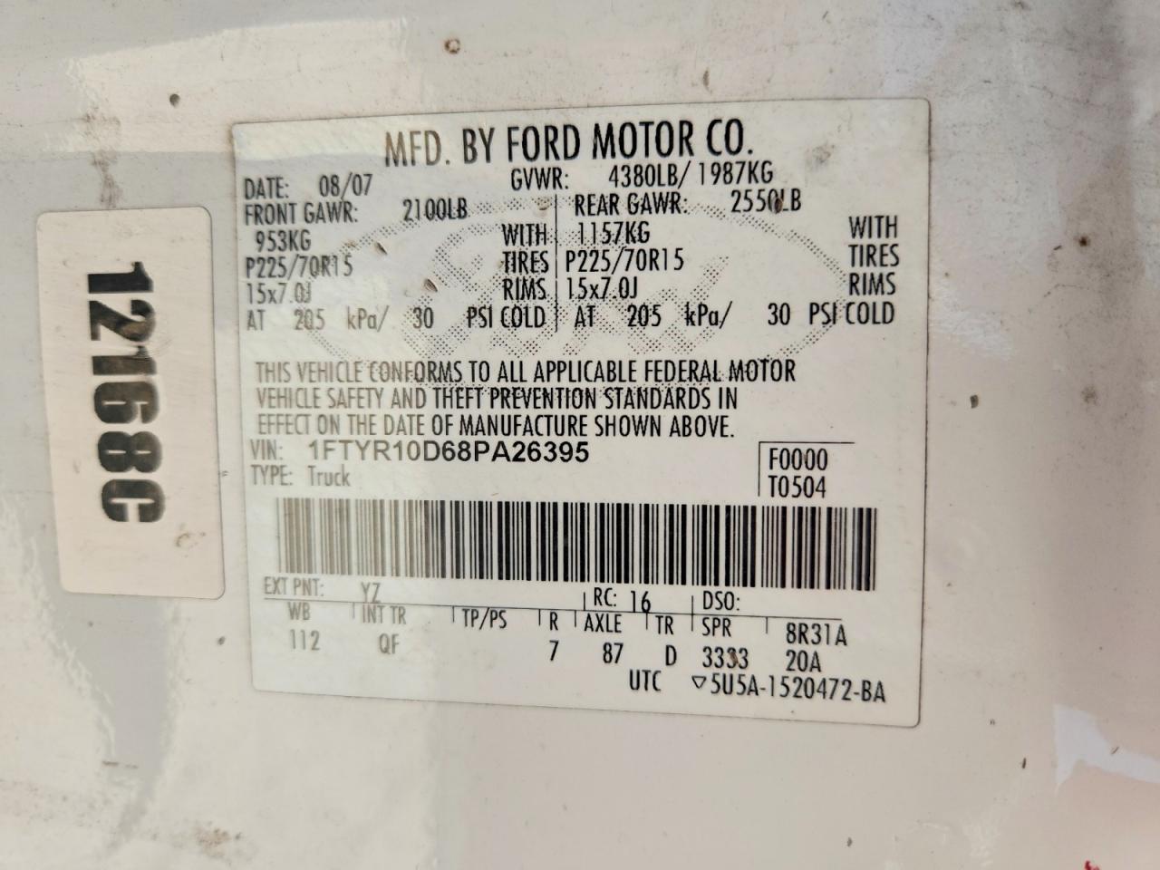 2008 Ford Ranger White vin: 1FTYR10D68PA26395