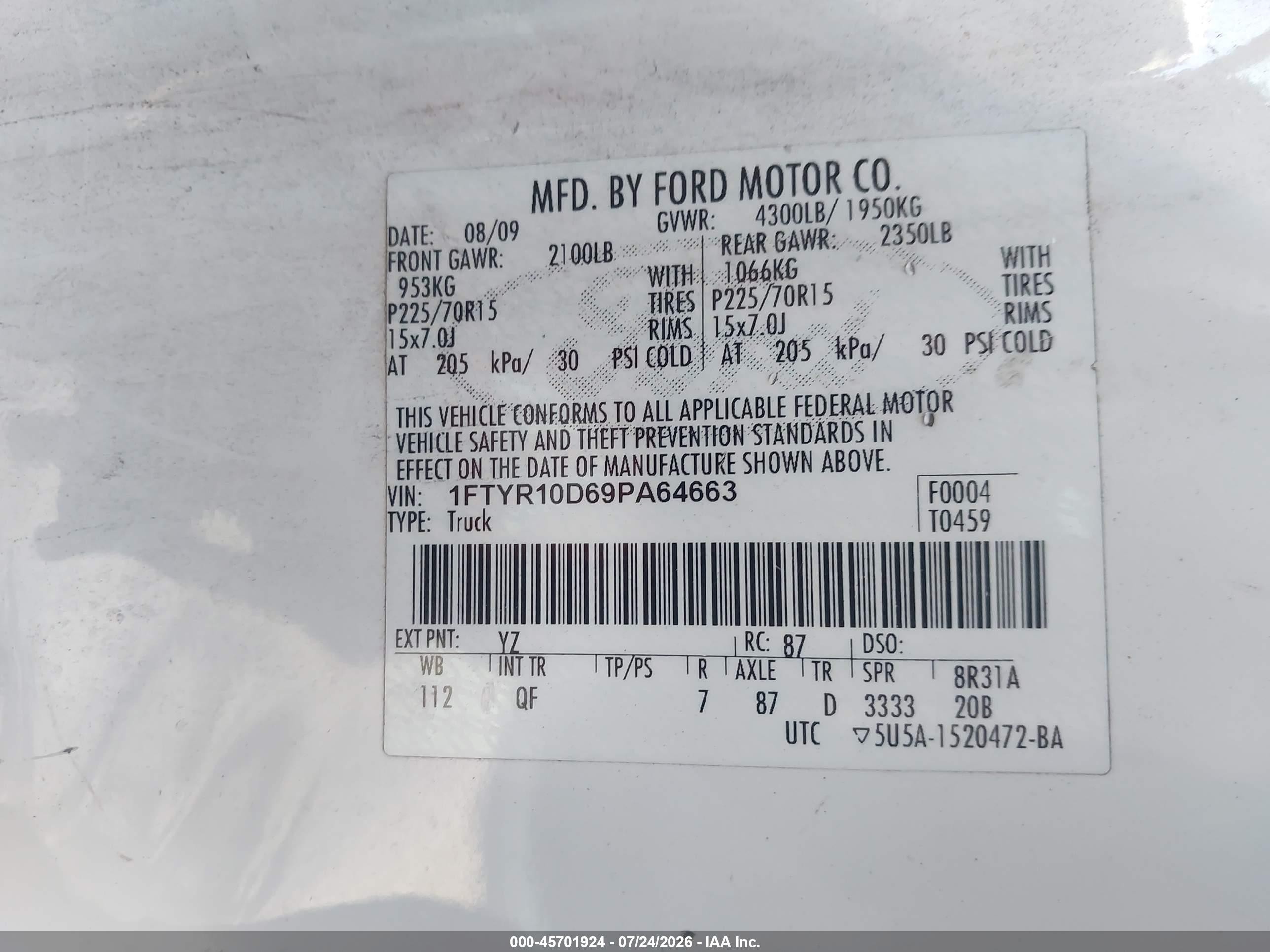 2009 Ford Ranger Sport/xl/xlt Белый vin: 1FTYR10D69PA64663