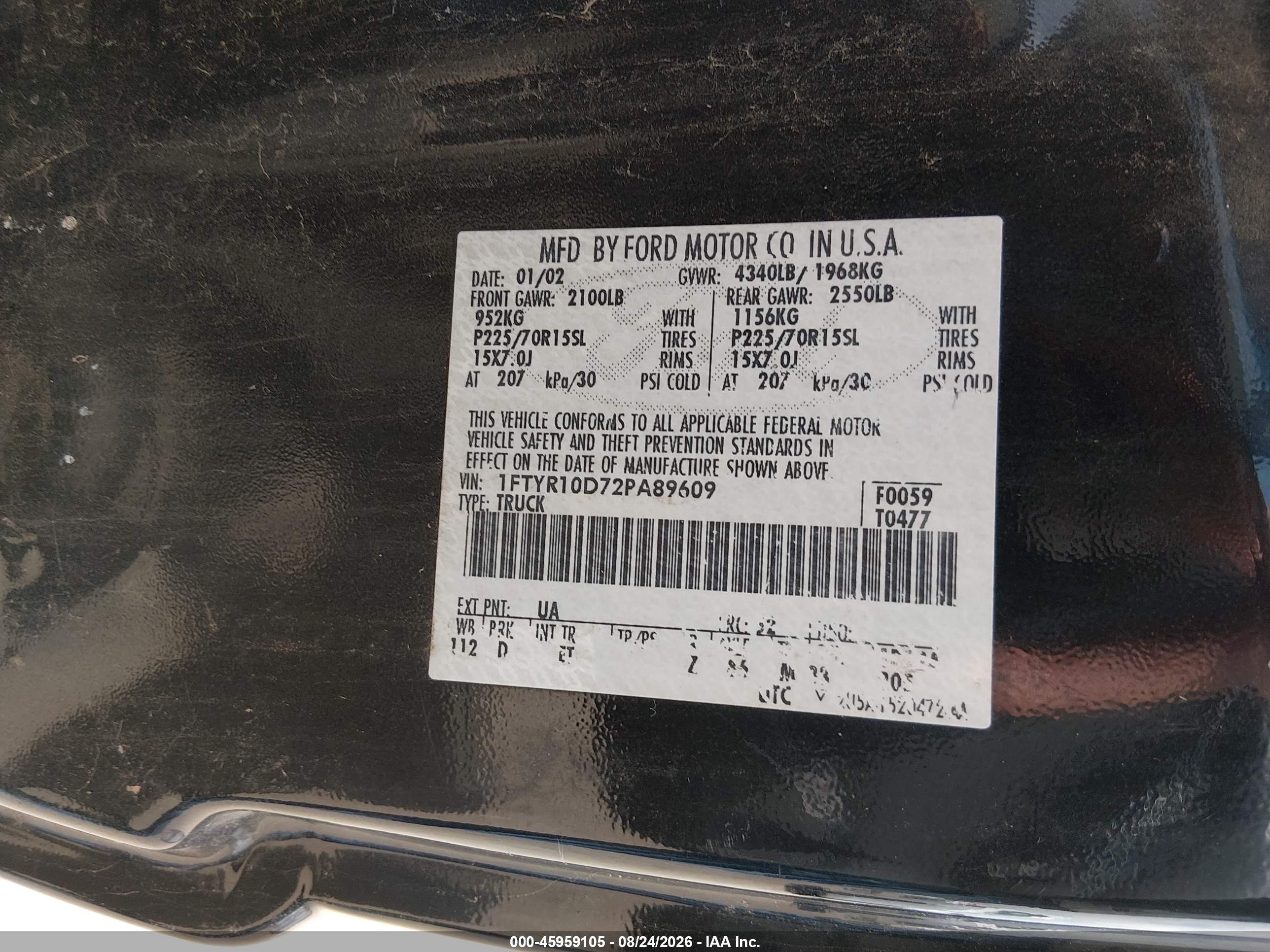 2002 Ford Ranger Xl/xlt Black vin: 1FTYR10D72PA89609