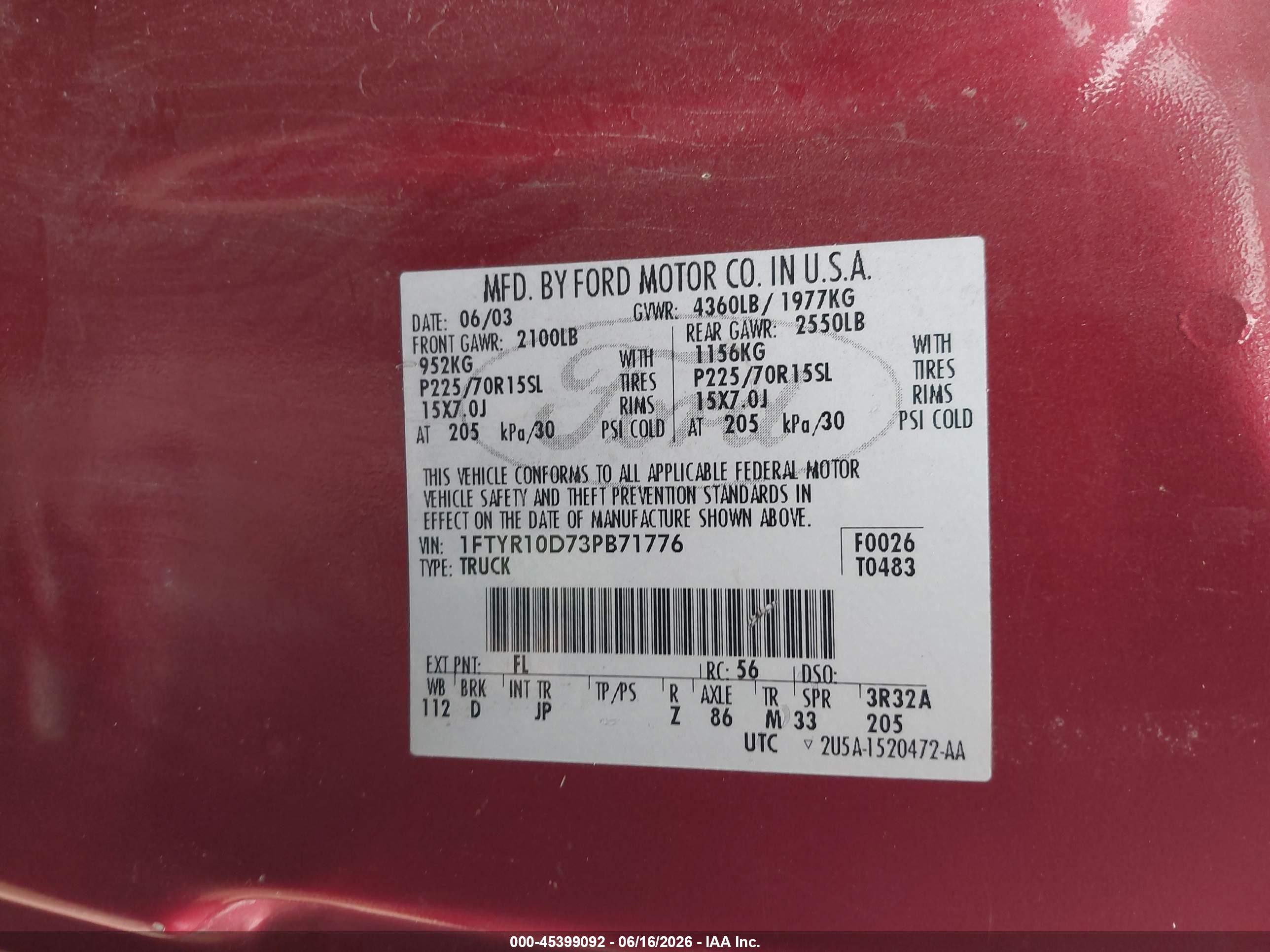 2003 Ford Ranger Xl/xlt Red vin: 1FTYR10D73PB71776