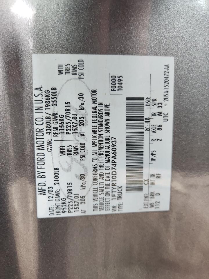 2004 Ford Ranger Gray vin: 1FTYR10D74PA60937