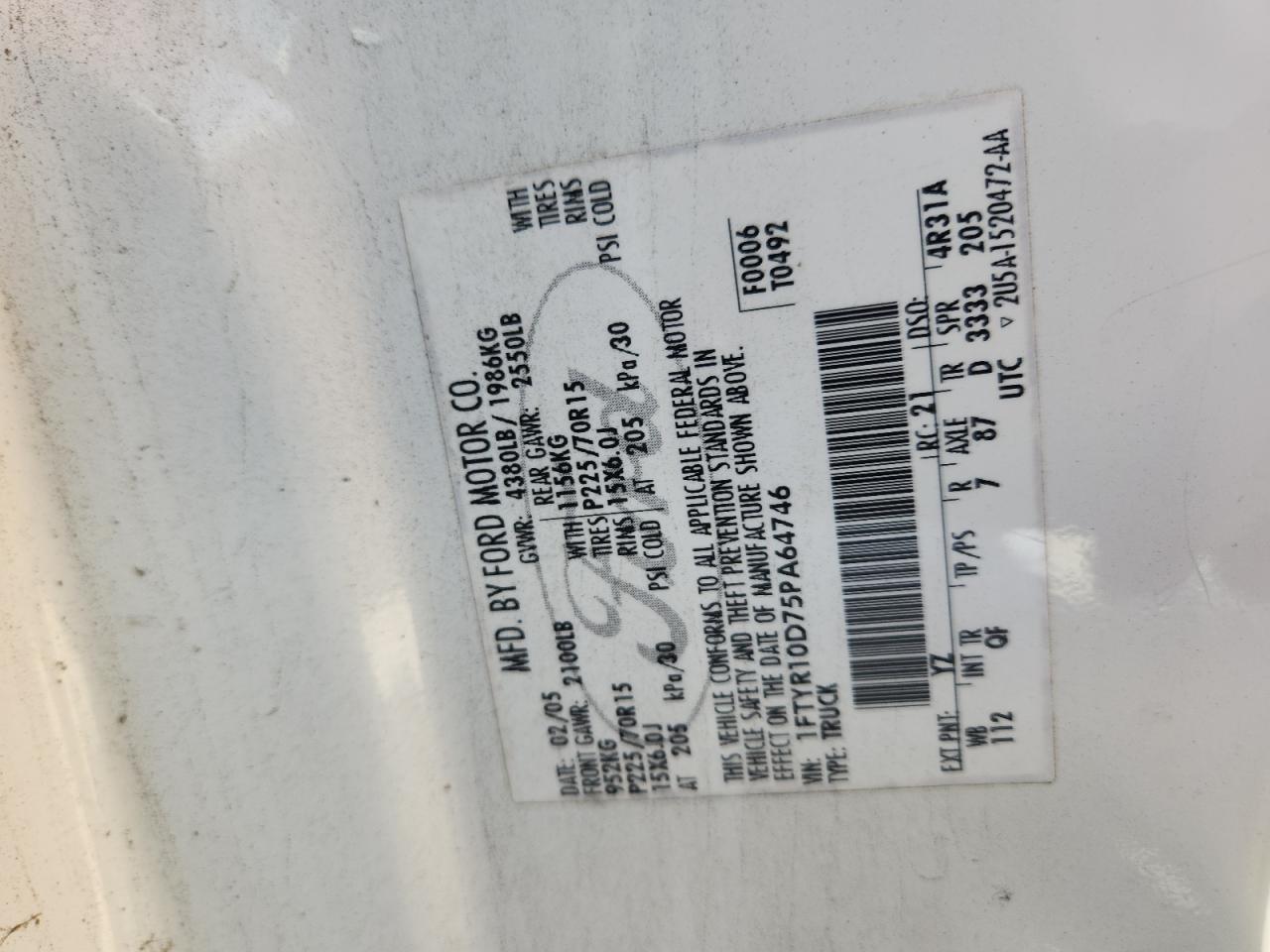 2005 Ford Ranger White vin: 1FTYR10D75PA64746