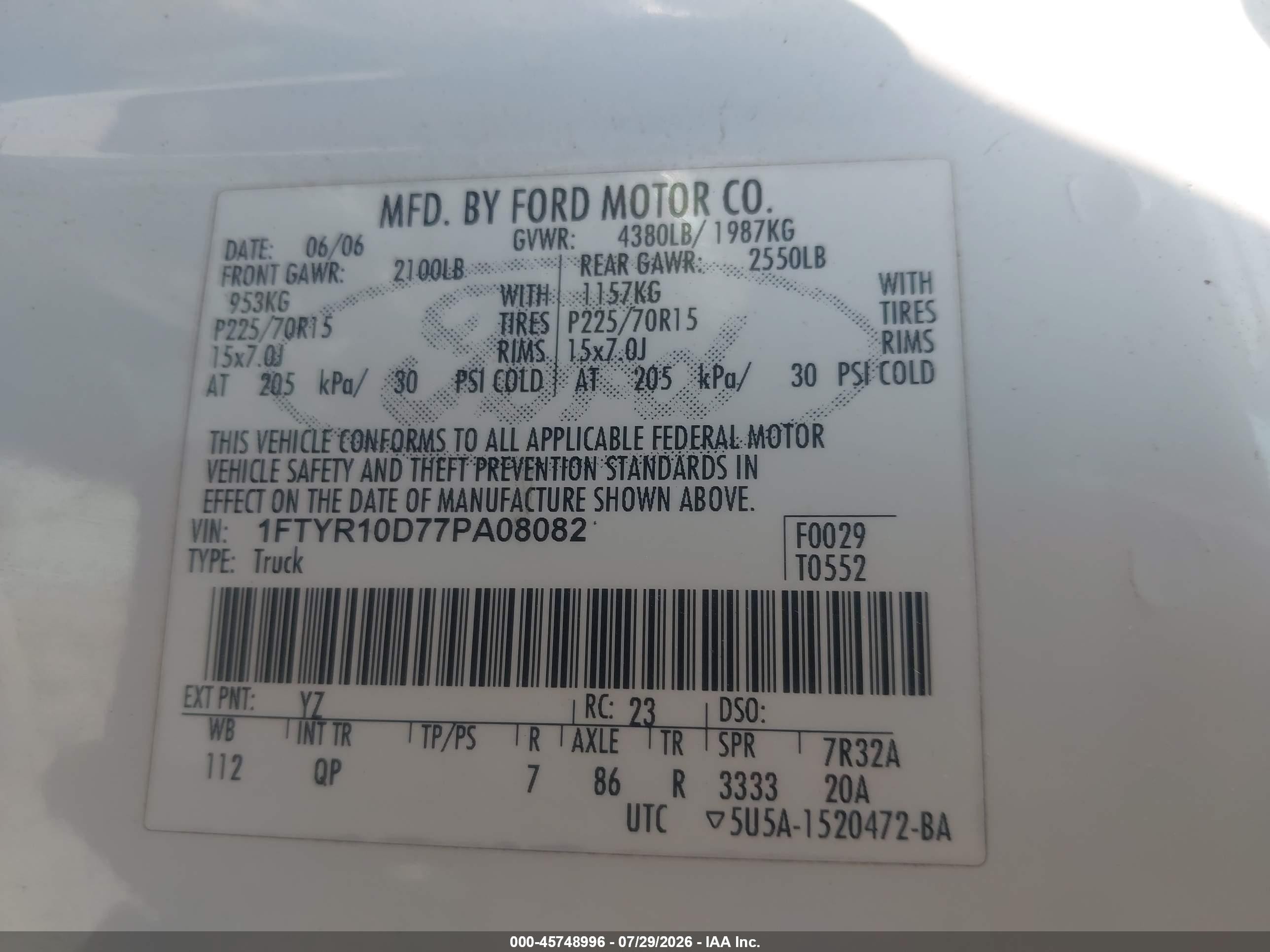2007 Ford Ranger Stx/xl/xlt White vin: 1FTYR10D77PA08082