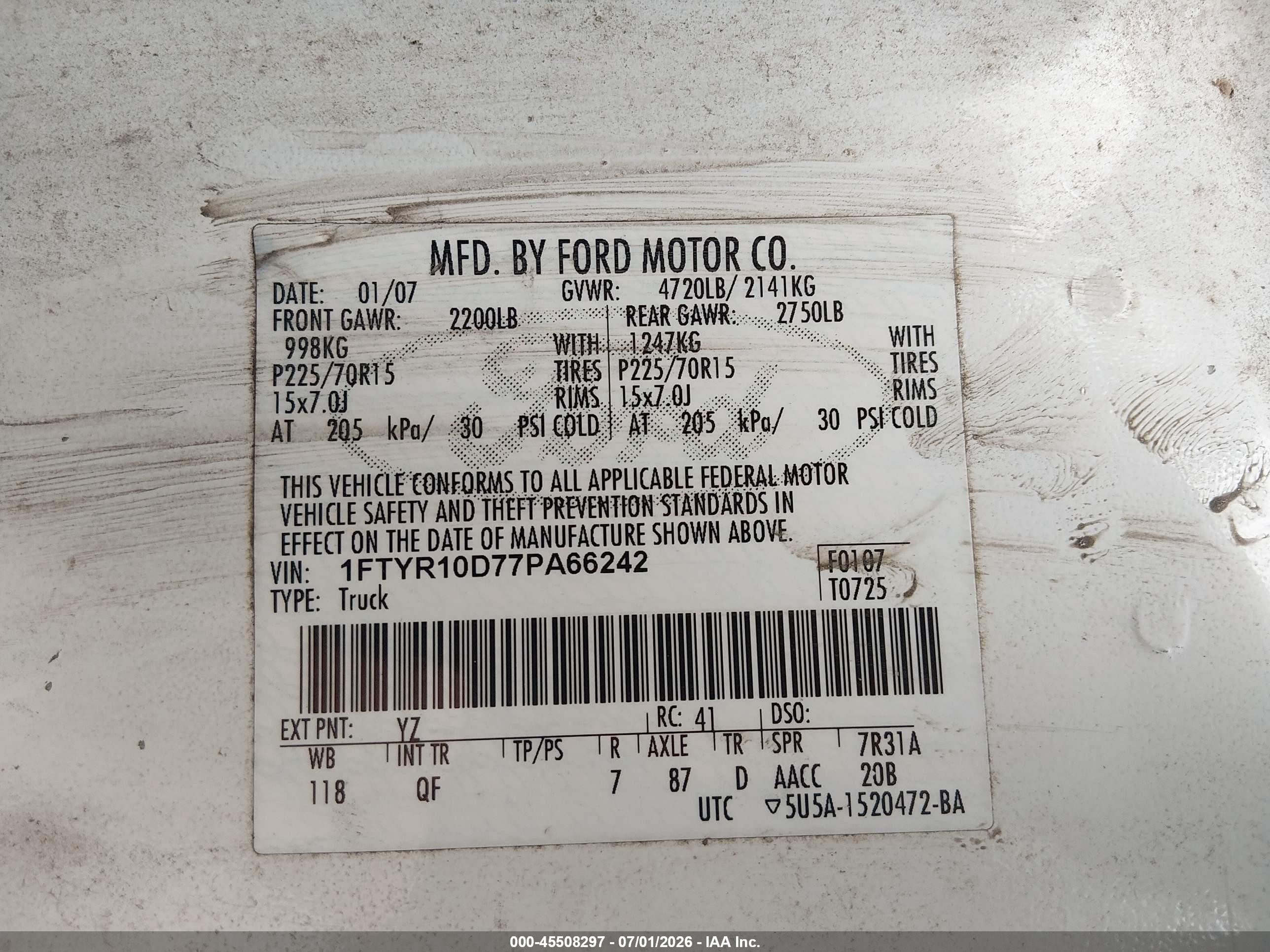 2007 Ford Ranger Stx/xl/xlt White vin: 1FTYR10D77PA66242