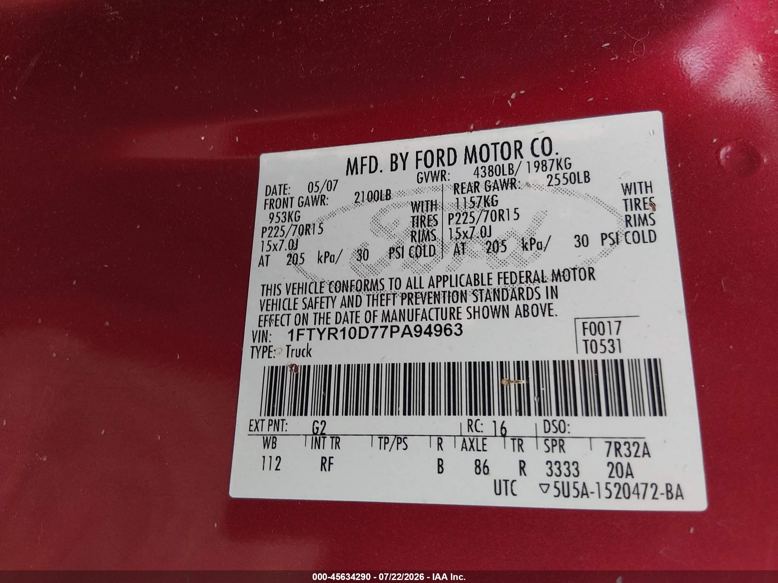 2007 Ford Ranger Stx/xl/xlt Red vin: 1FTYR10D77PA94963