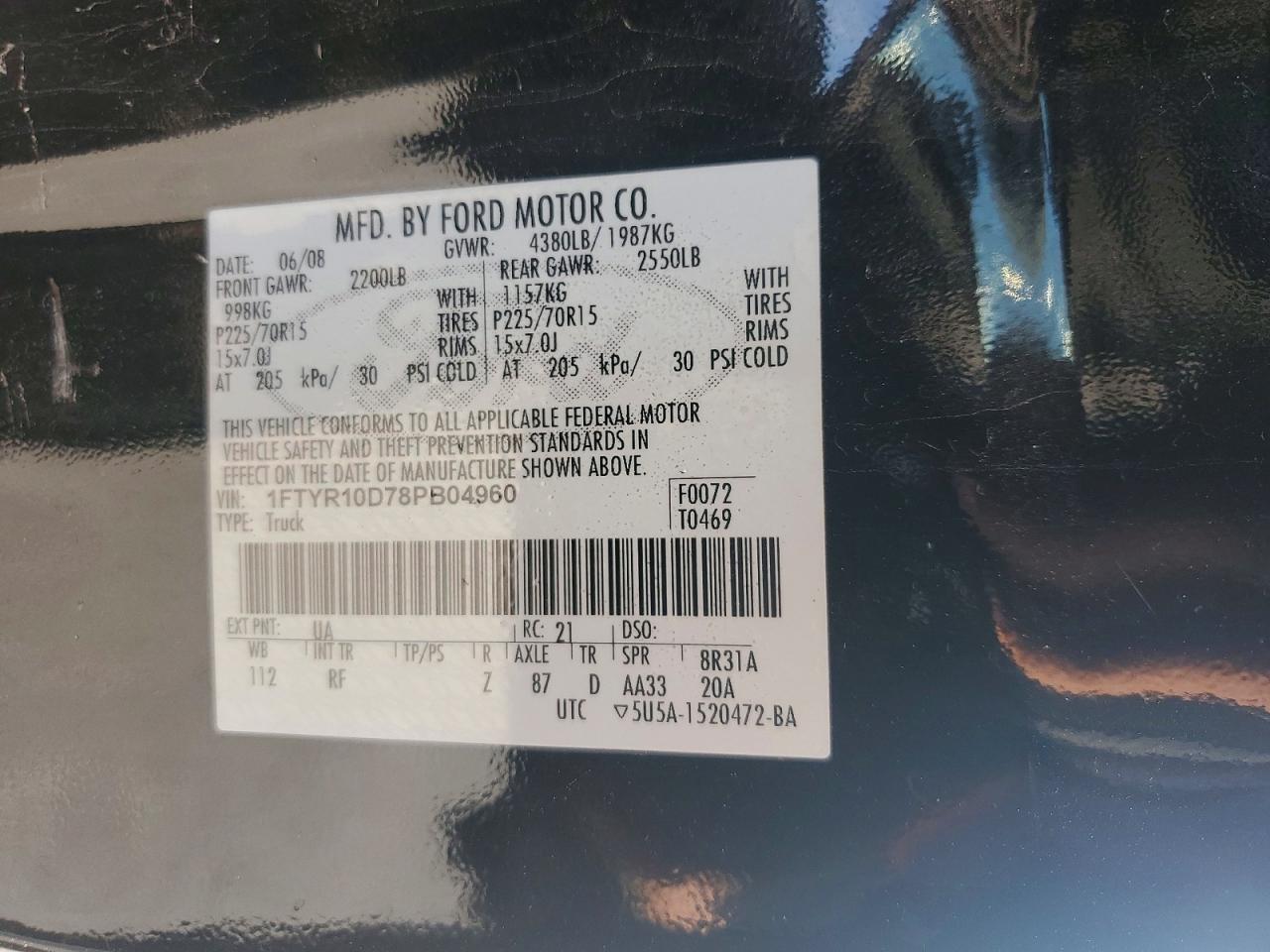 2008 Ford Ranger Black vin: 1FTYR10D78PB04960