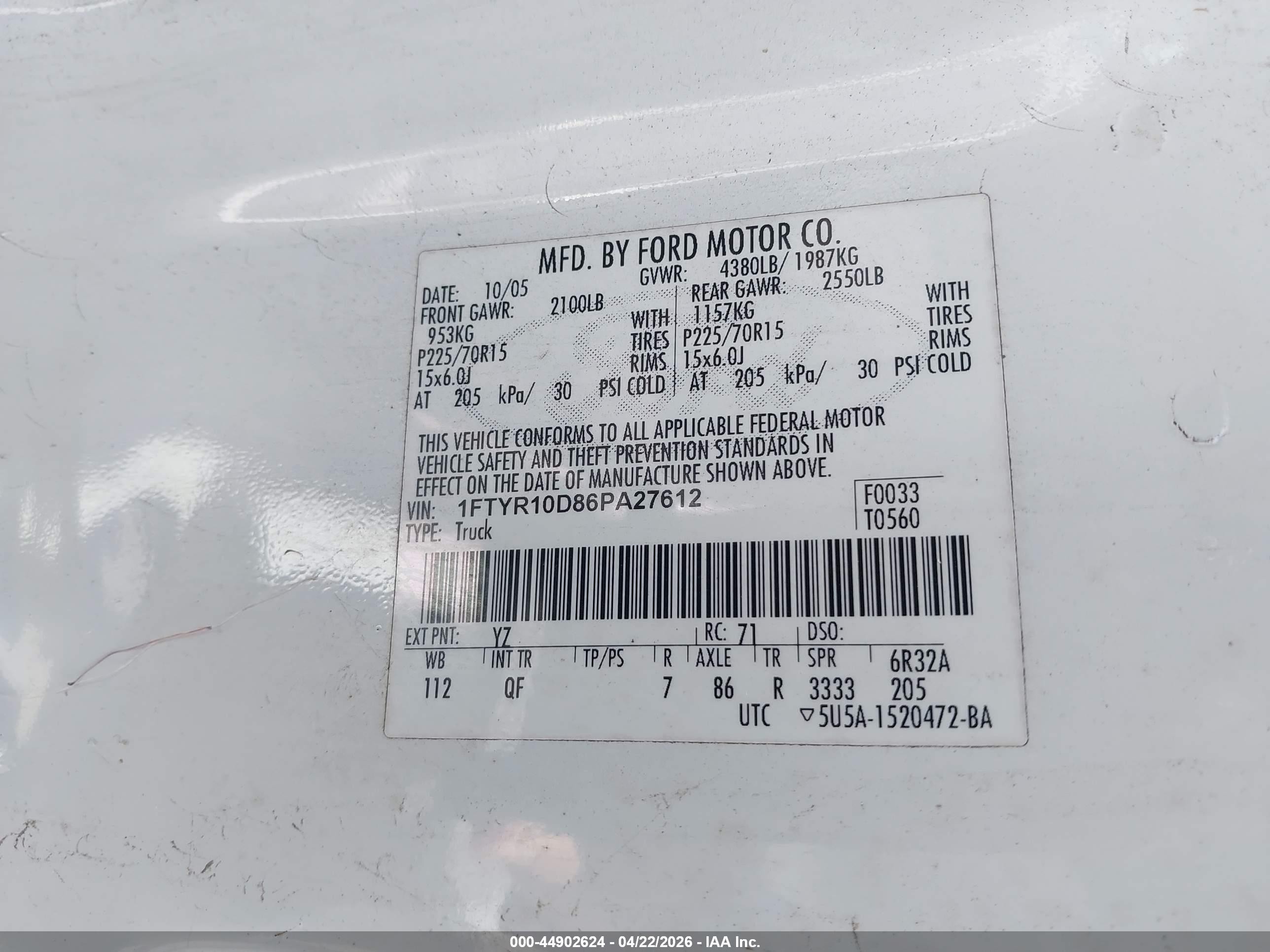 2006 Ford Ranger Xl/xlt White vin: 1FTYR10D86PA27612