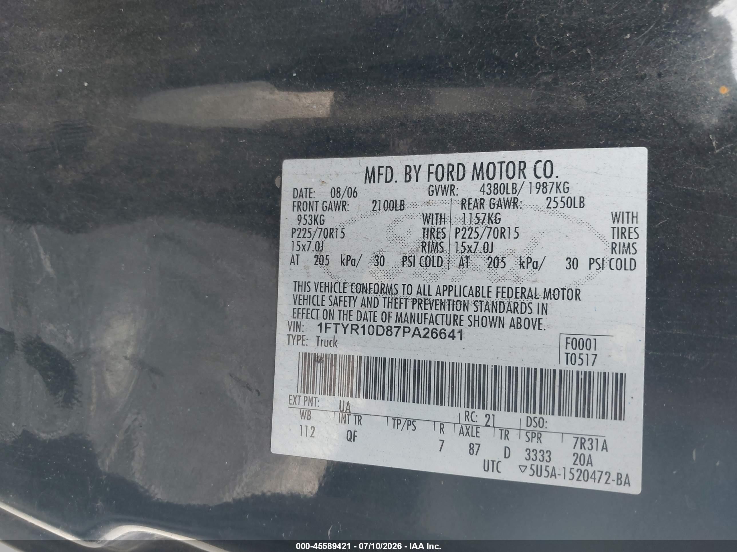 2007 Ford Ranger Stx/xl/xlt Black vin: 1FTYR10D87PA26641