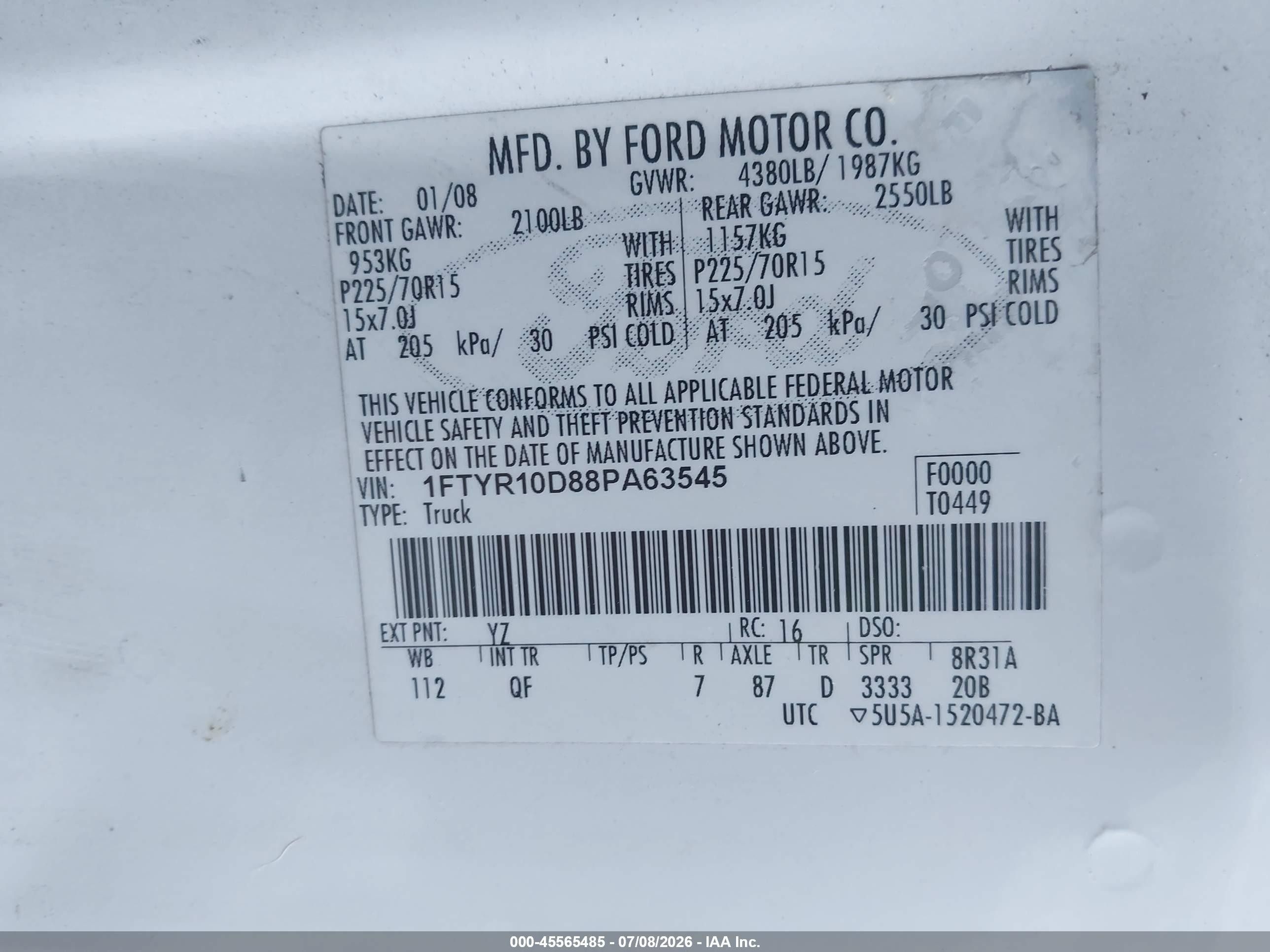2008 Ford Ranger Xl/xlt White vin: 1FTYR10D88PA63545