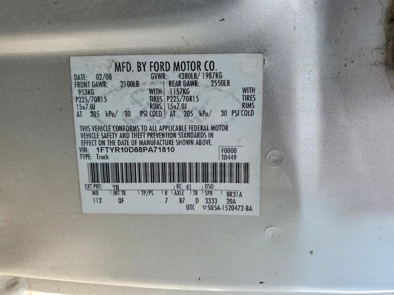 2008 Ford Ranger Silver vin: 1FTYR10D88PA71810
