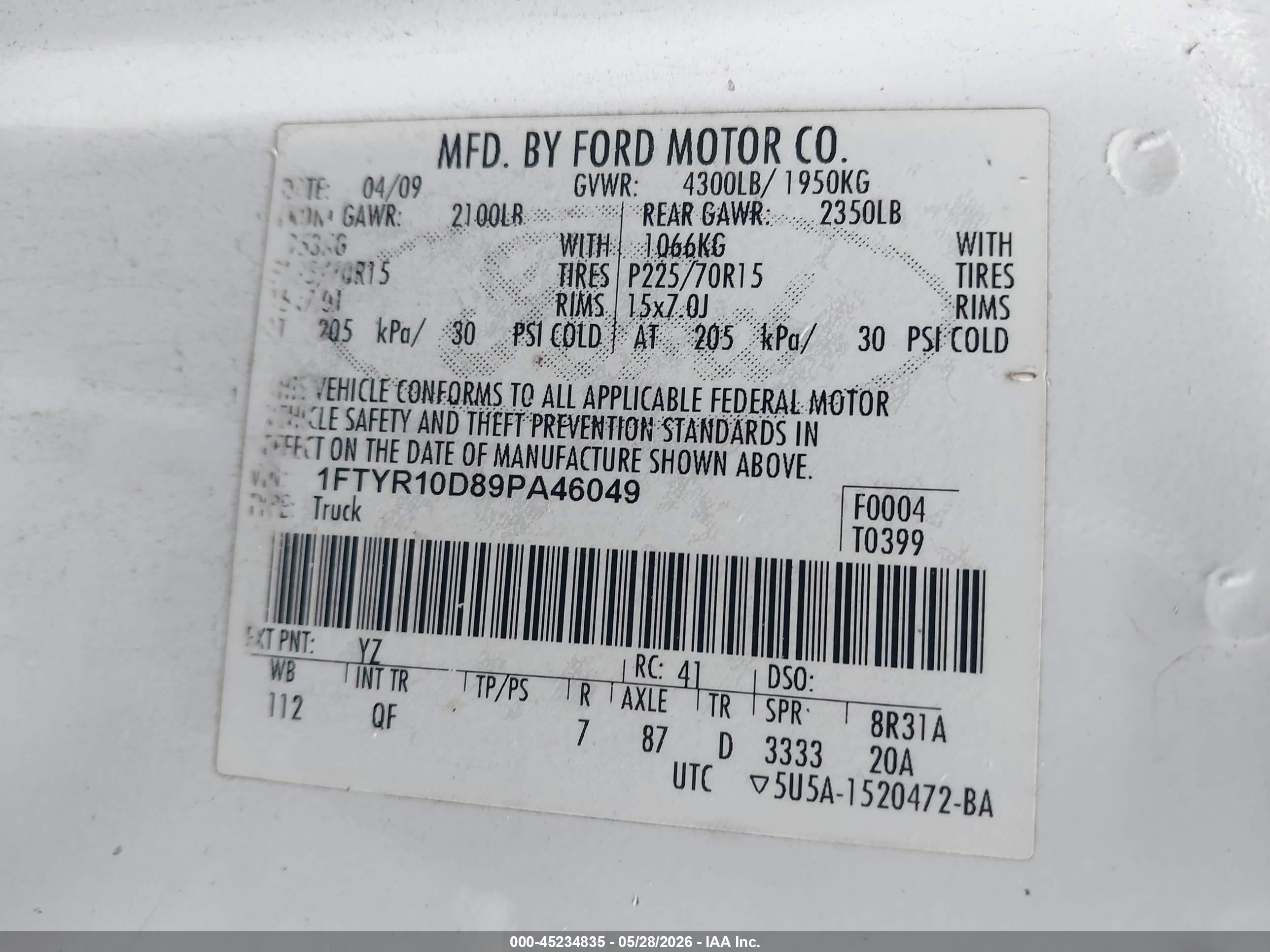 2009 Ford Ranger Sport/xl/xlt White vin: 1FTYR10D89PA46049