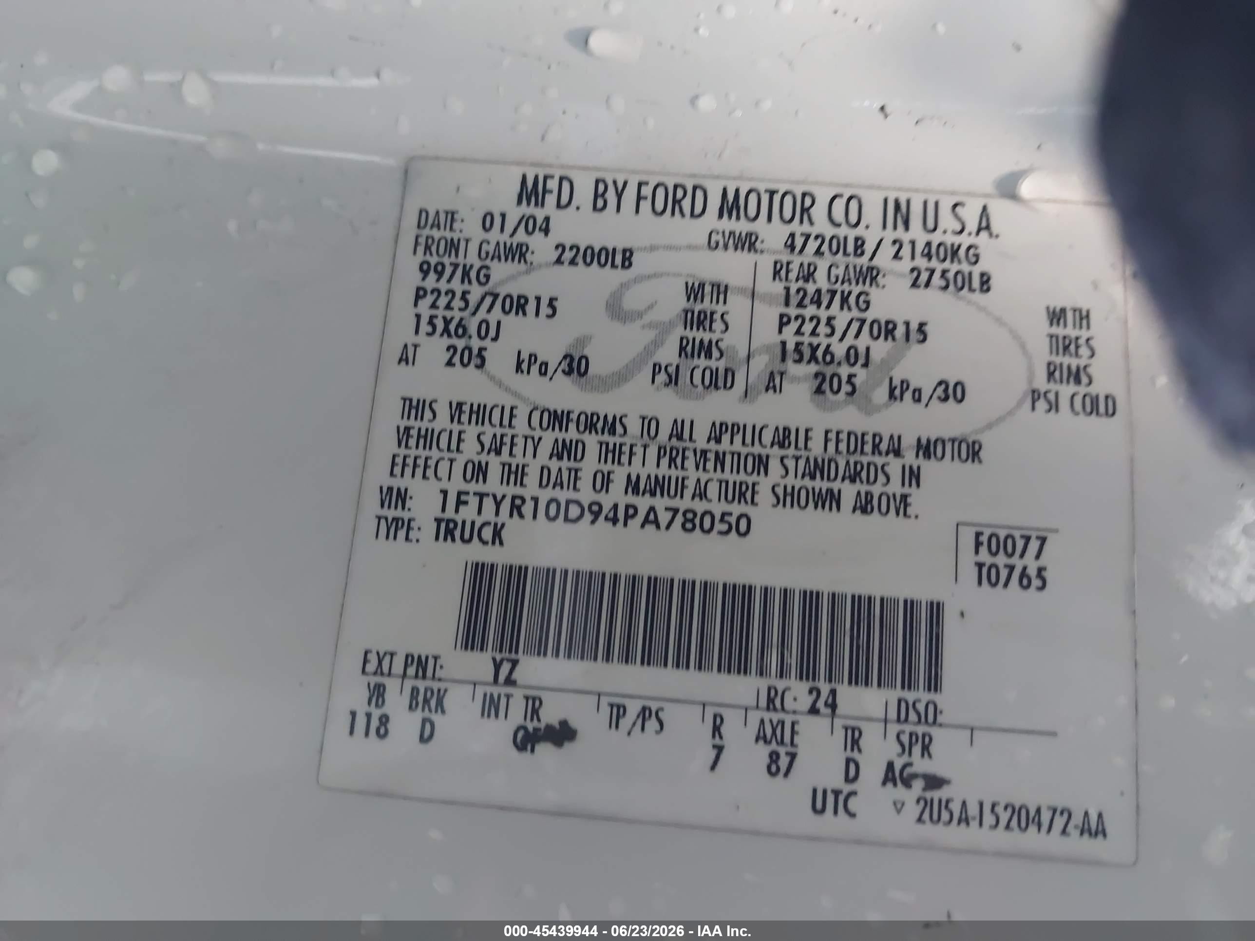 2004 Ford Ranger Xl/xlt White vin: 1FTYR10D94PA78050