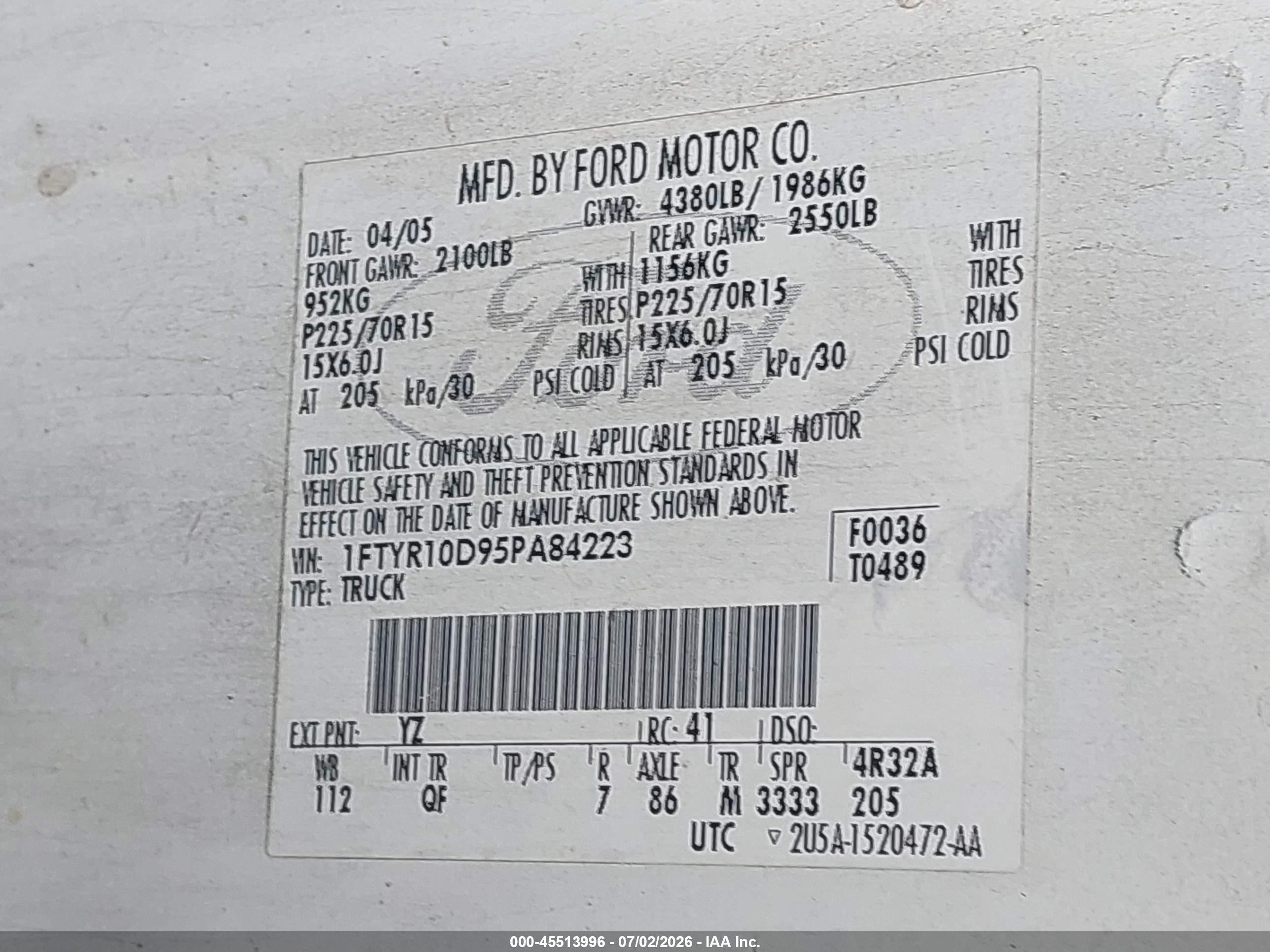 2005 Ford Ranger   White vin: 1FTYR10D95PA84223