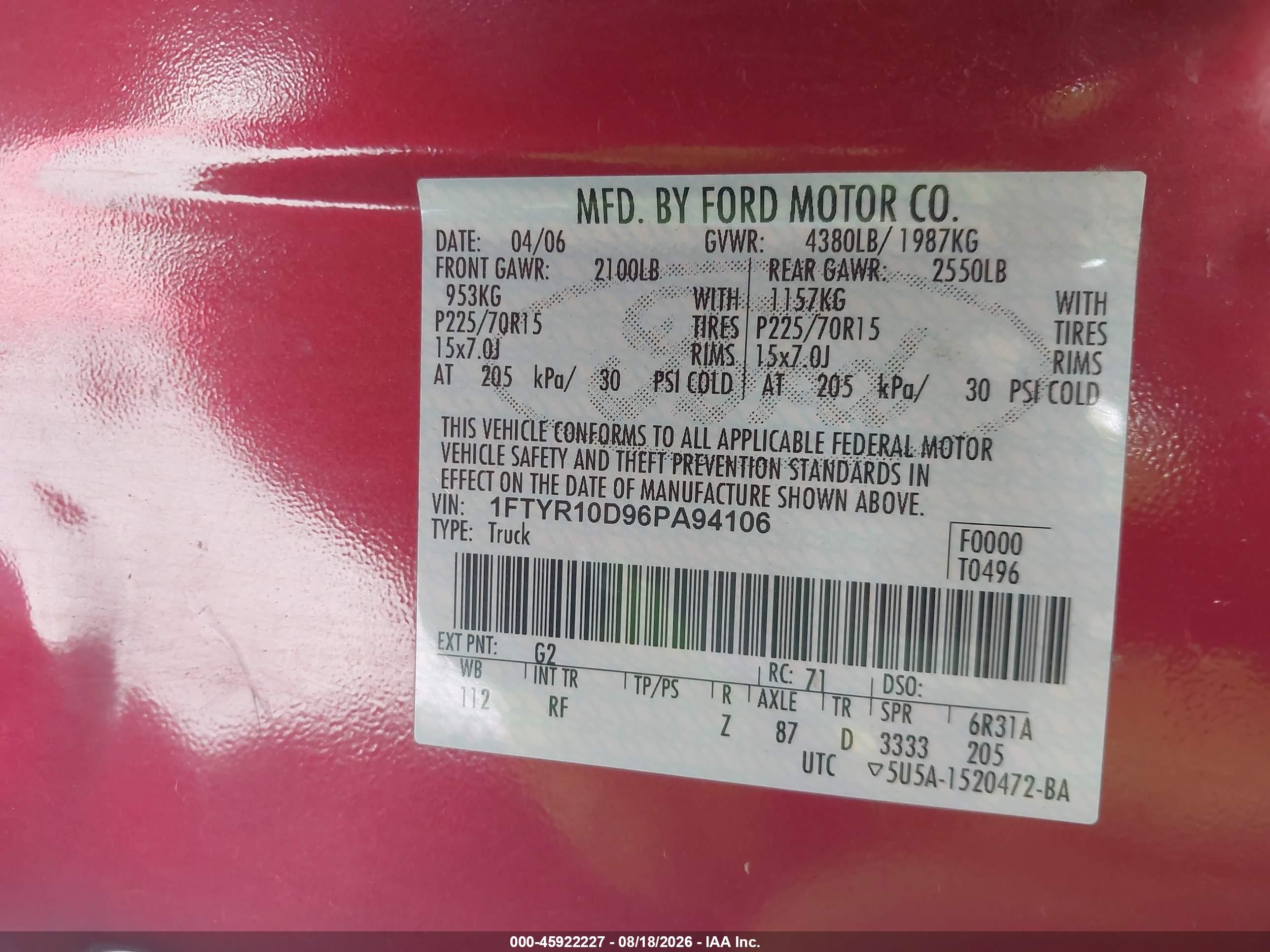 2006 Ford Ranger Xl/xlt Red vin: 1FTYR10D96PA94106