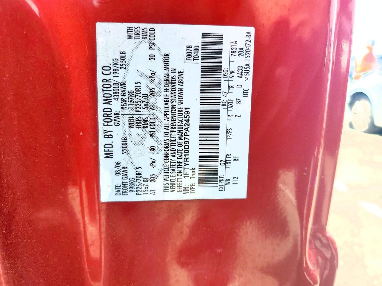 2007 Ford Ranger Red vin: 1FTYR10D97PA24591