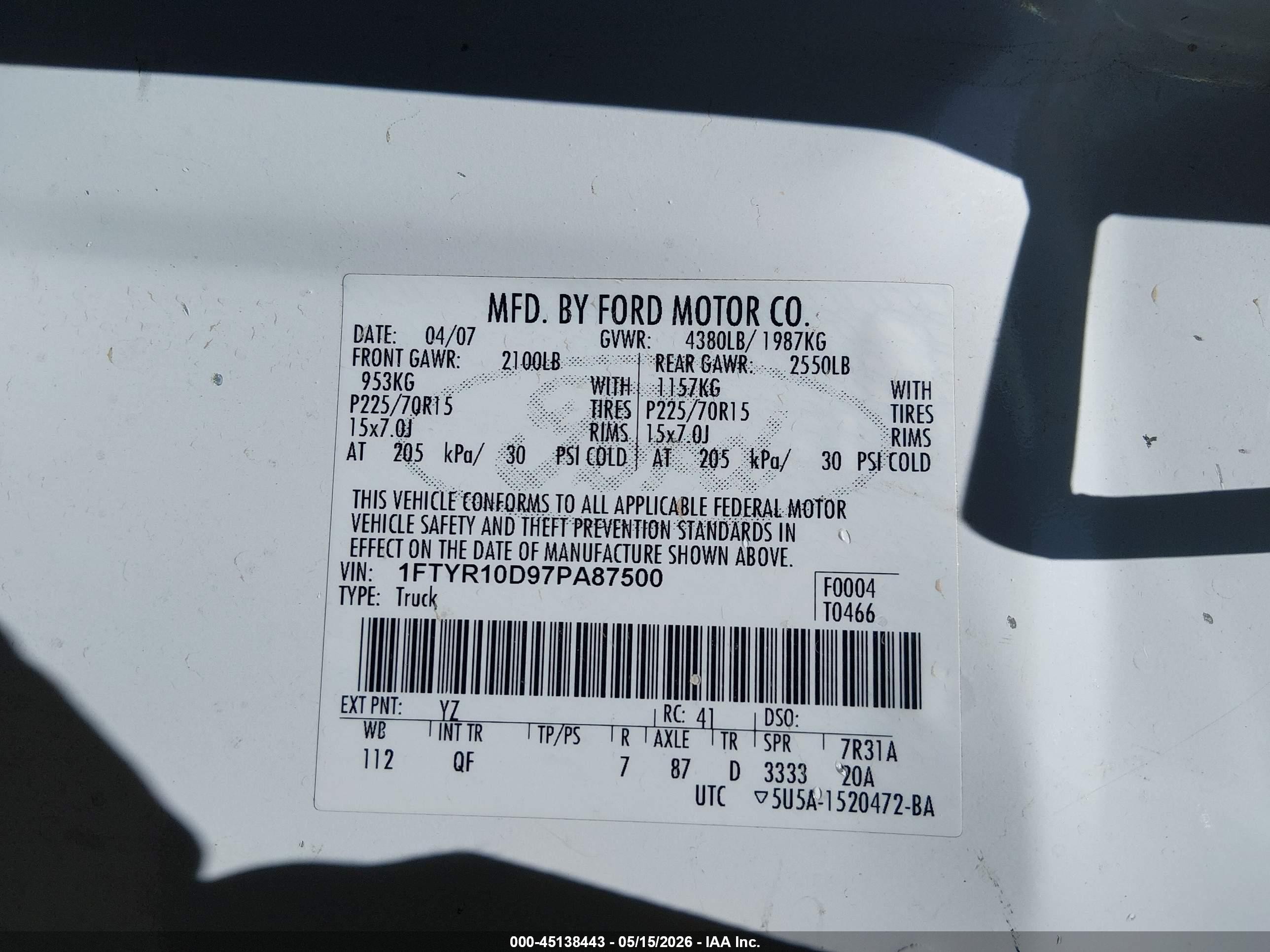 2007 Ford Ranger Stx/xl/xlt White vin: 1FTYR10D97PA87500