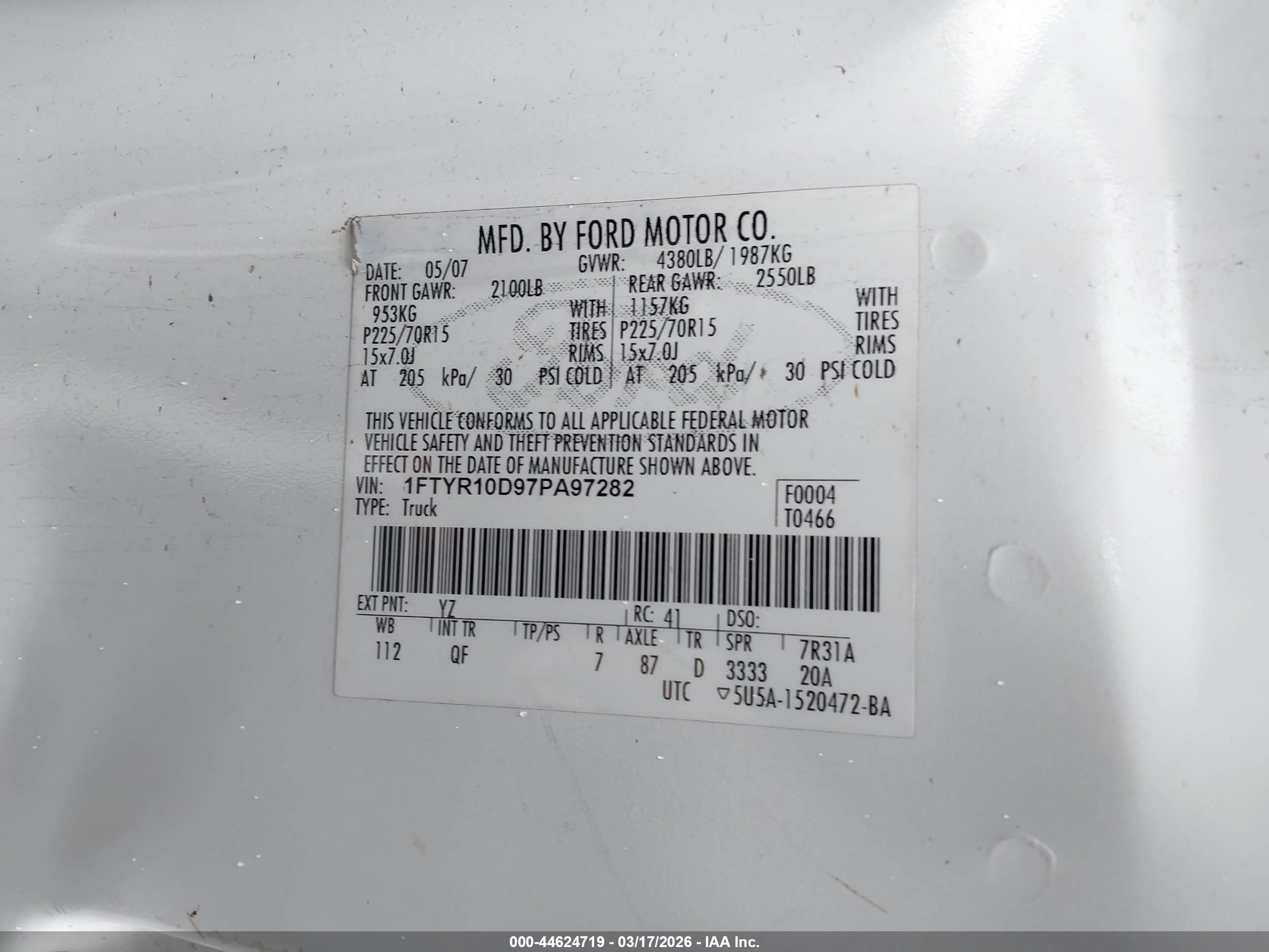 2007 Ford Ranger Stx/xl/xlt White vin: 1FTYR10D97PA97282