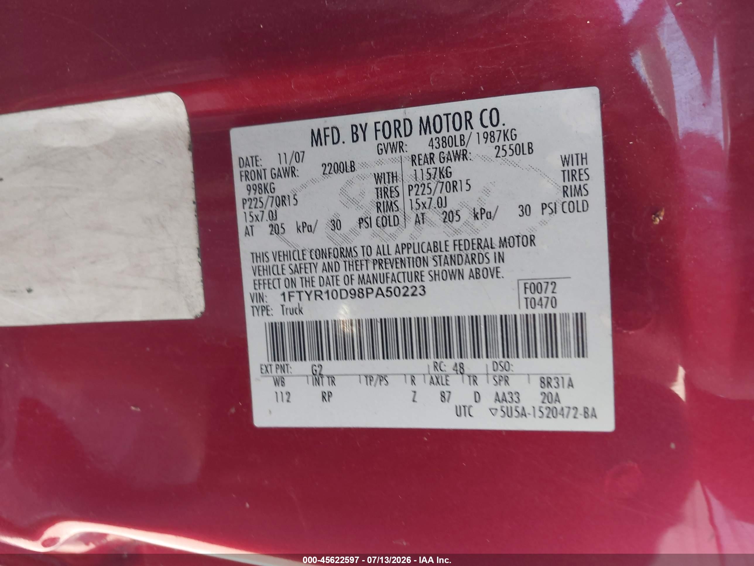 2008 Ford Ranger Xl/xlt Red vin: 1FTYR10D98PA50223