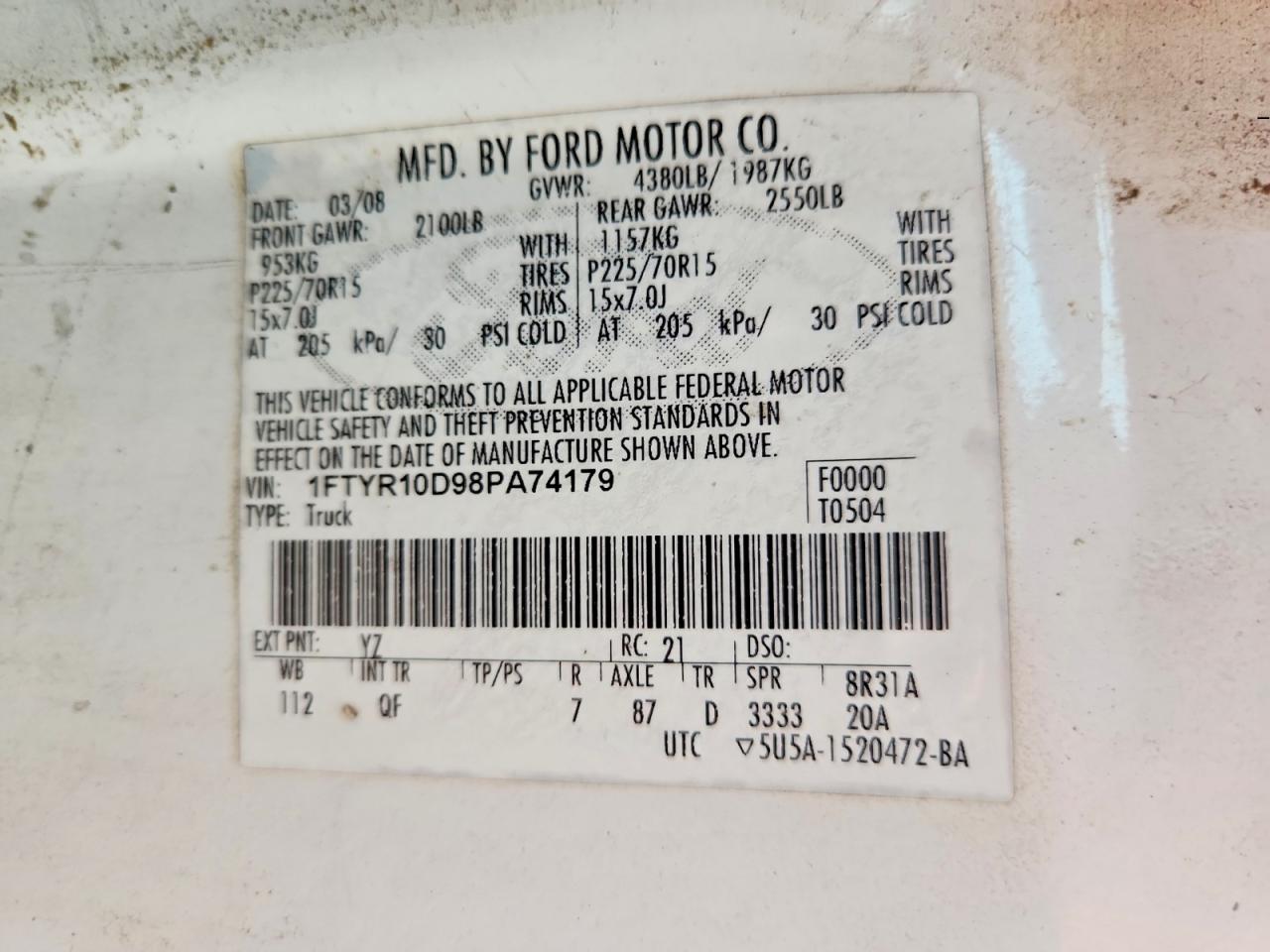 2008 Ford Ranger White vin: 1FTYR10D98PA74179