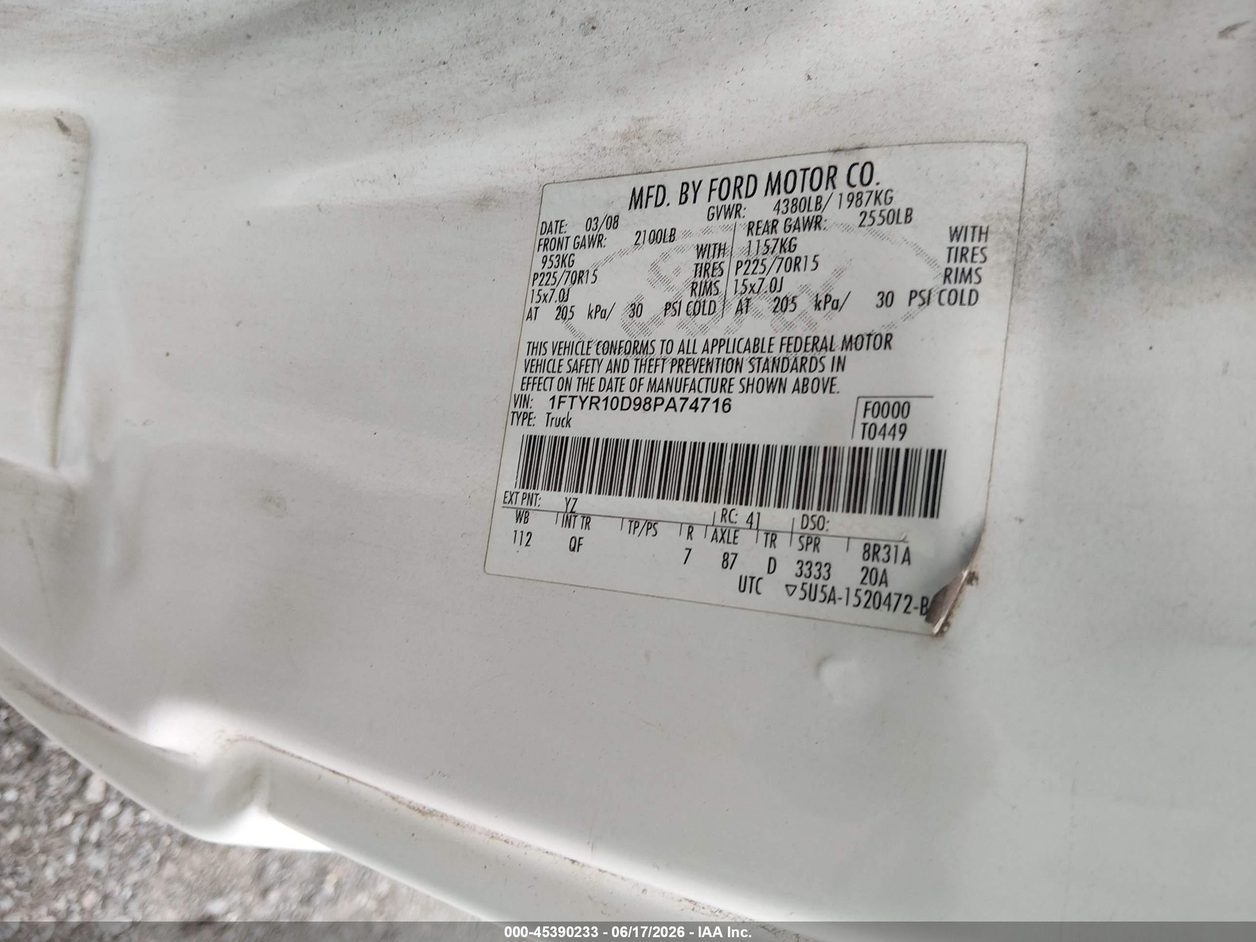 2008 Ford Ranger Xl/xlt White vin: 1FTYR10D98PA74716