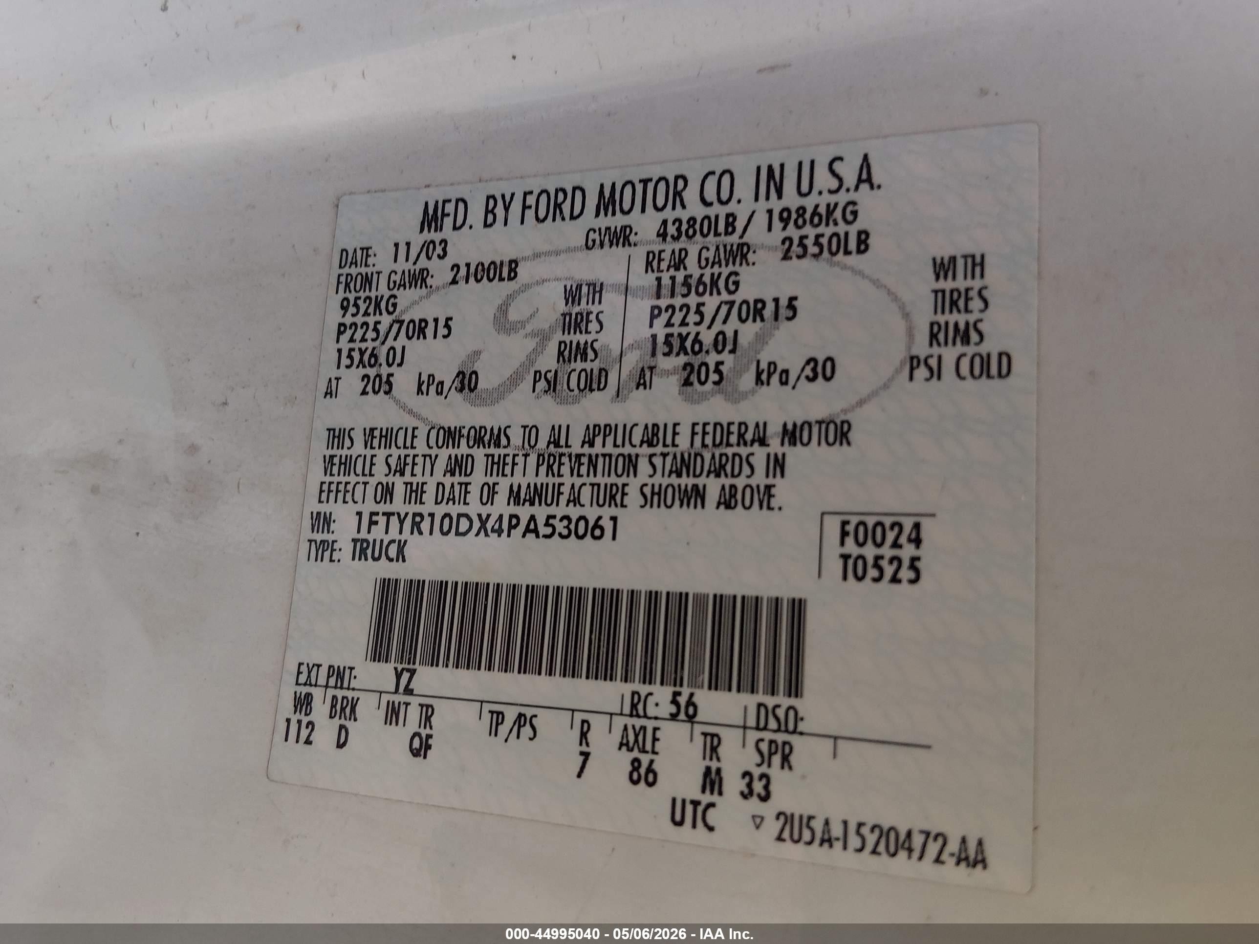2004 Ford Ranger Xl/xlt White vin: 1FTYR10DX4PA53061