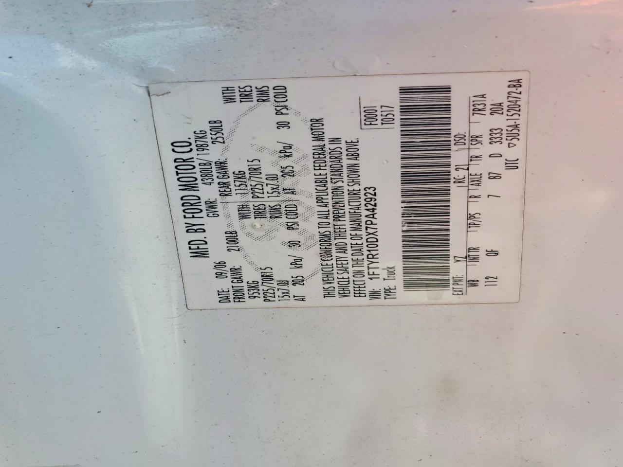 2007 Ford Ranger White vin: 1FTYR10DX7PA42923