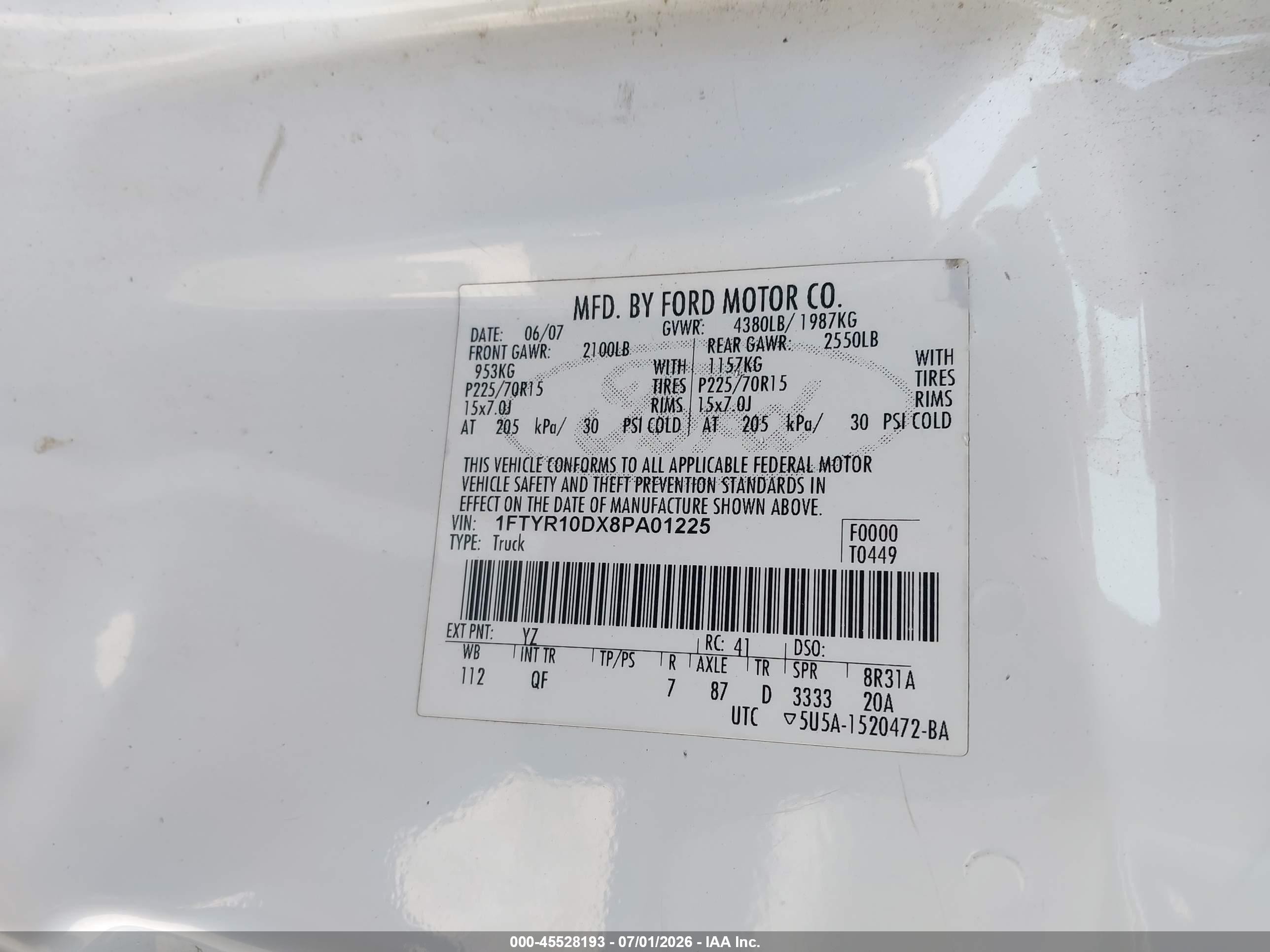 2008 Ford Ranger Xl/xlt White vin: 1FTYR10DX8PA01225