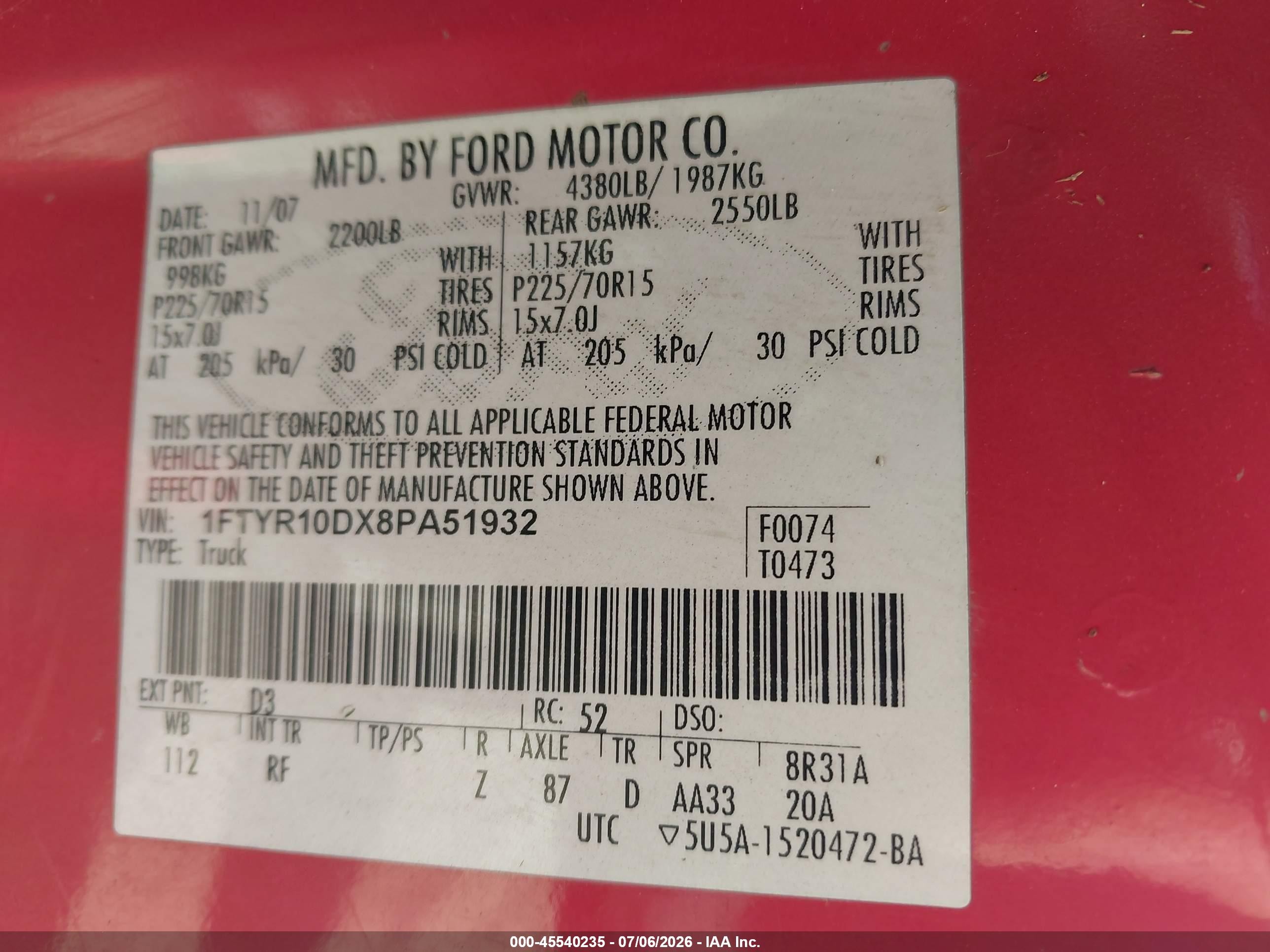 2008 Ford Ranger Xl/xlt Red vin: 1FTYR10DX8PA51932