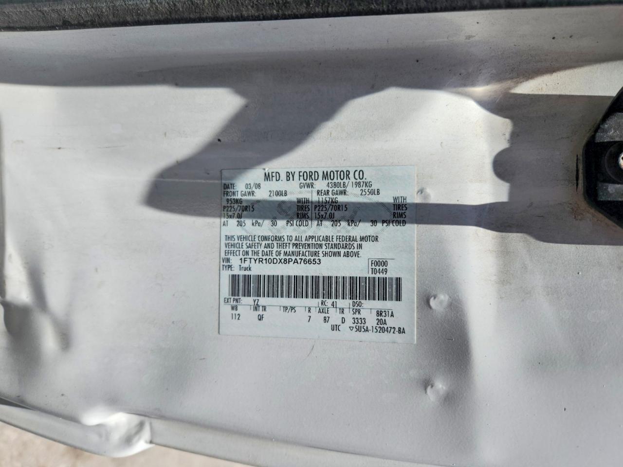 2008 Ford Ranger White vin: 1FTYR10DX8PA76653