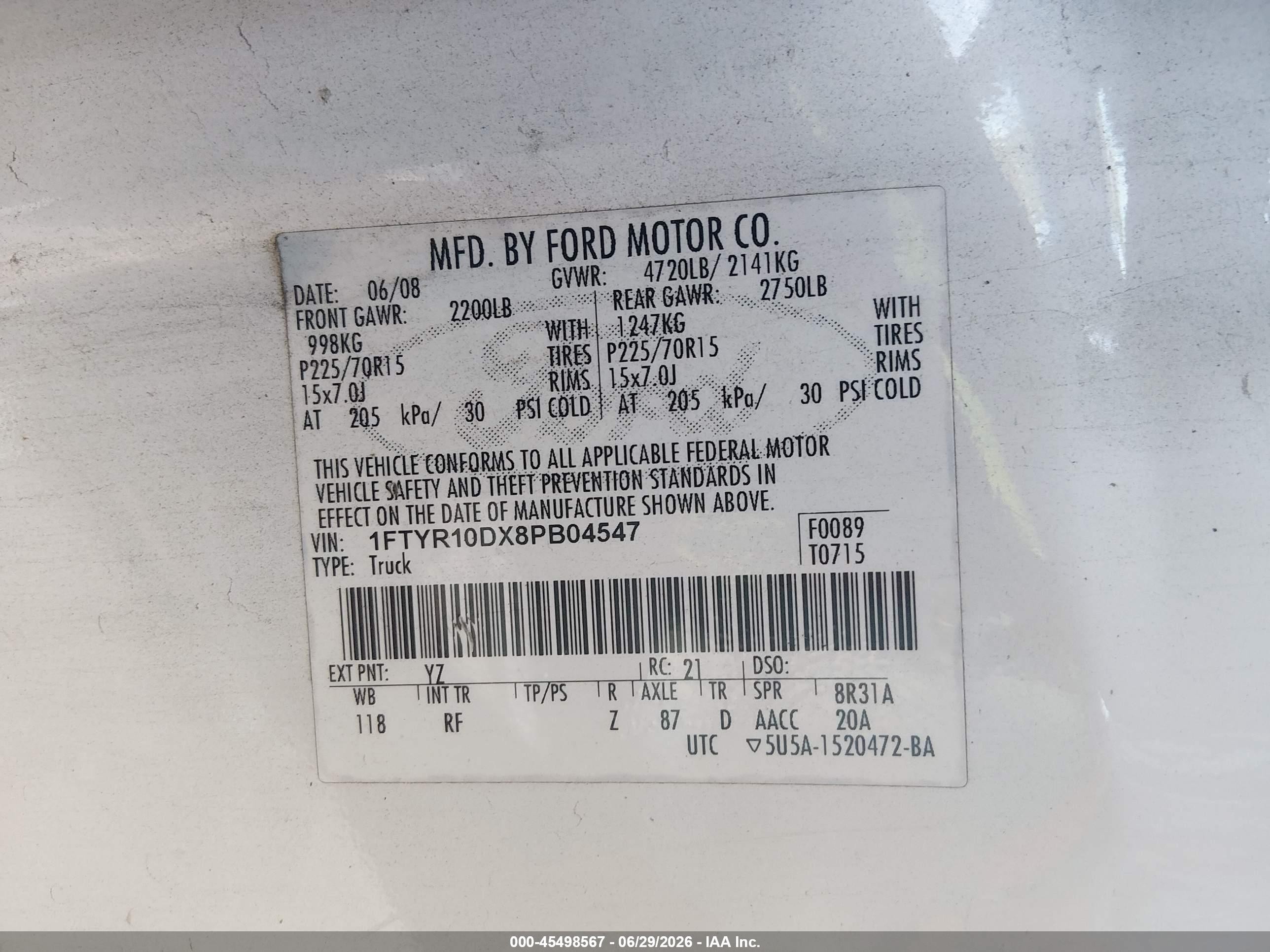 2008 Ford Ranger Xl/xlt White vin: 1FTYR10DX8PB04547