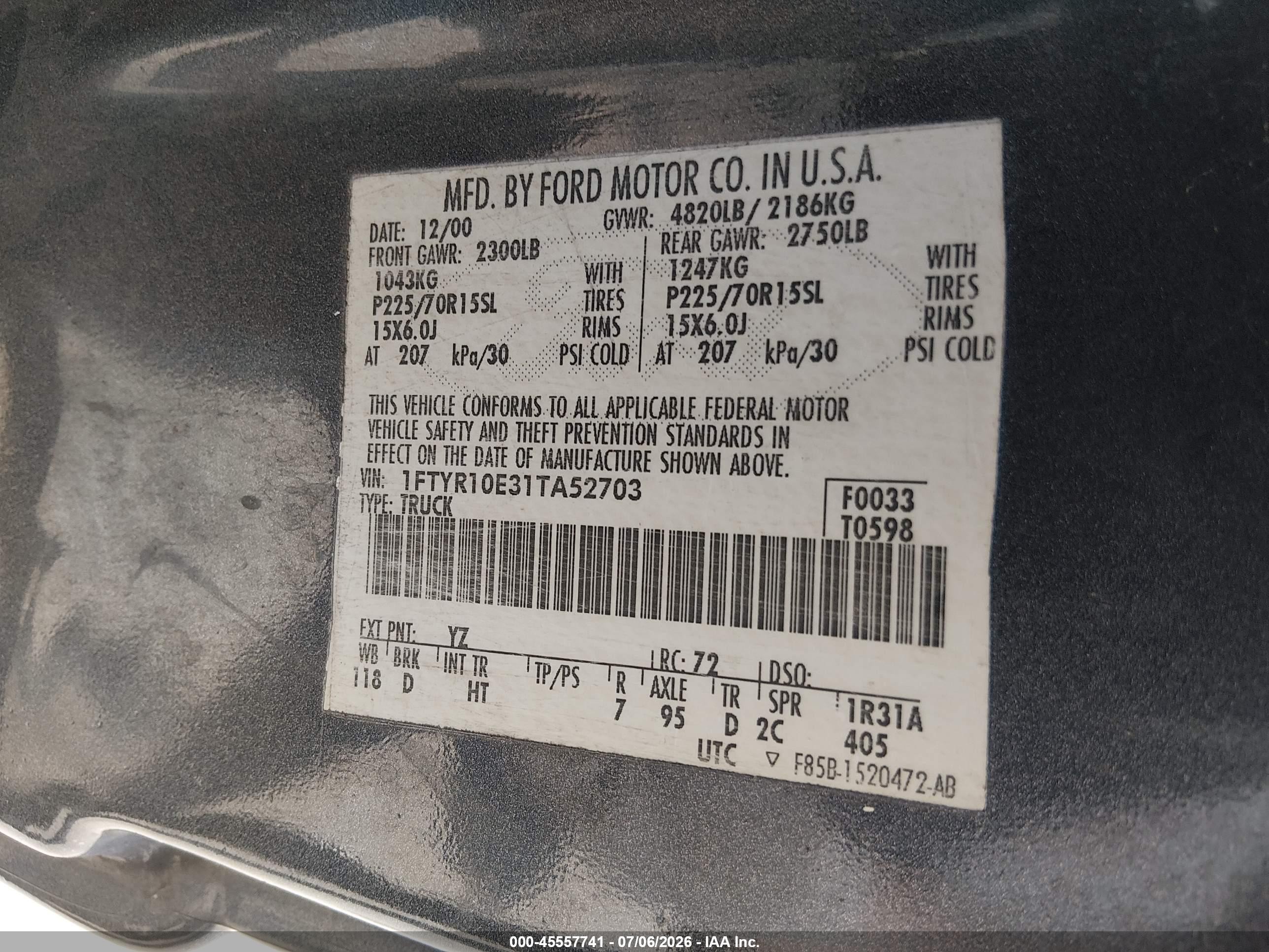 2001 Ford Ranger Edge Gray vin: 1FTYR10E31TA52703