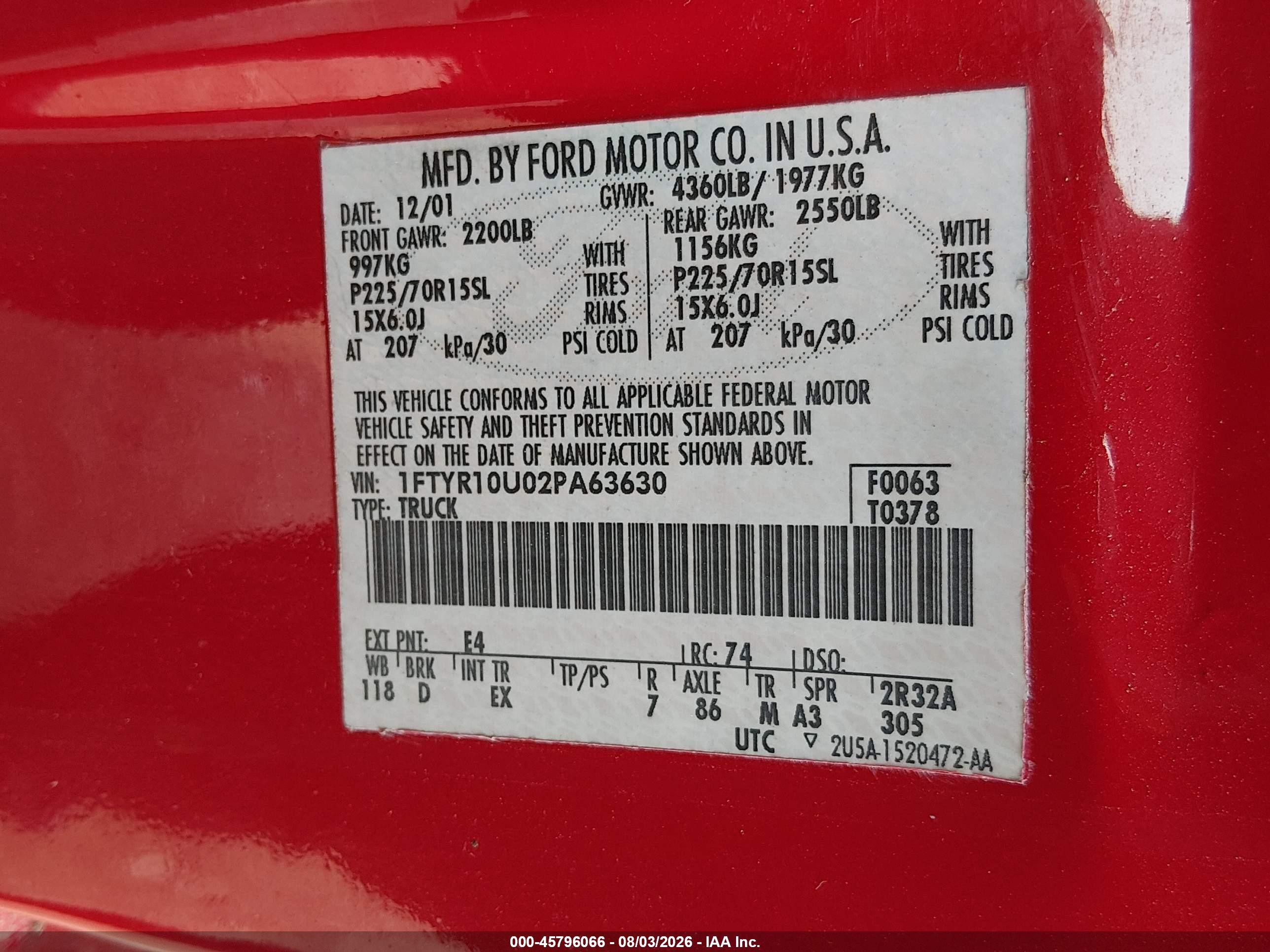 2002 Ford Ranger Edge/xl/xlt Red vin: 1FTYR10U02PA63630