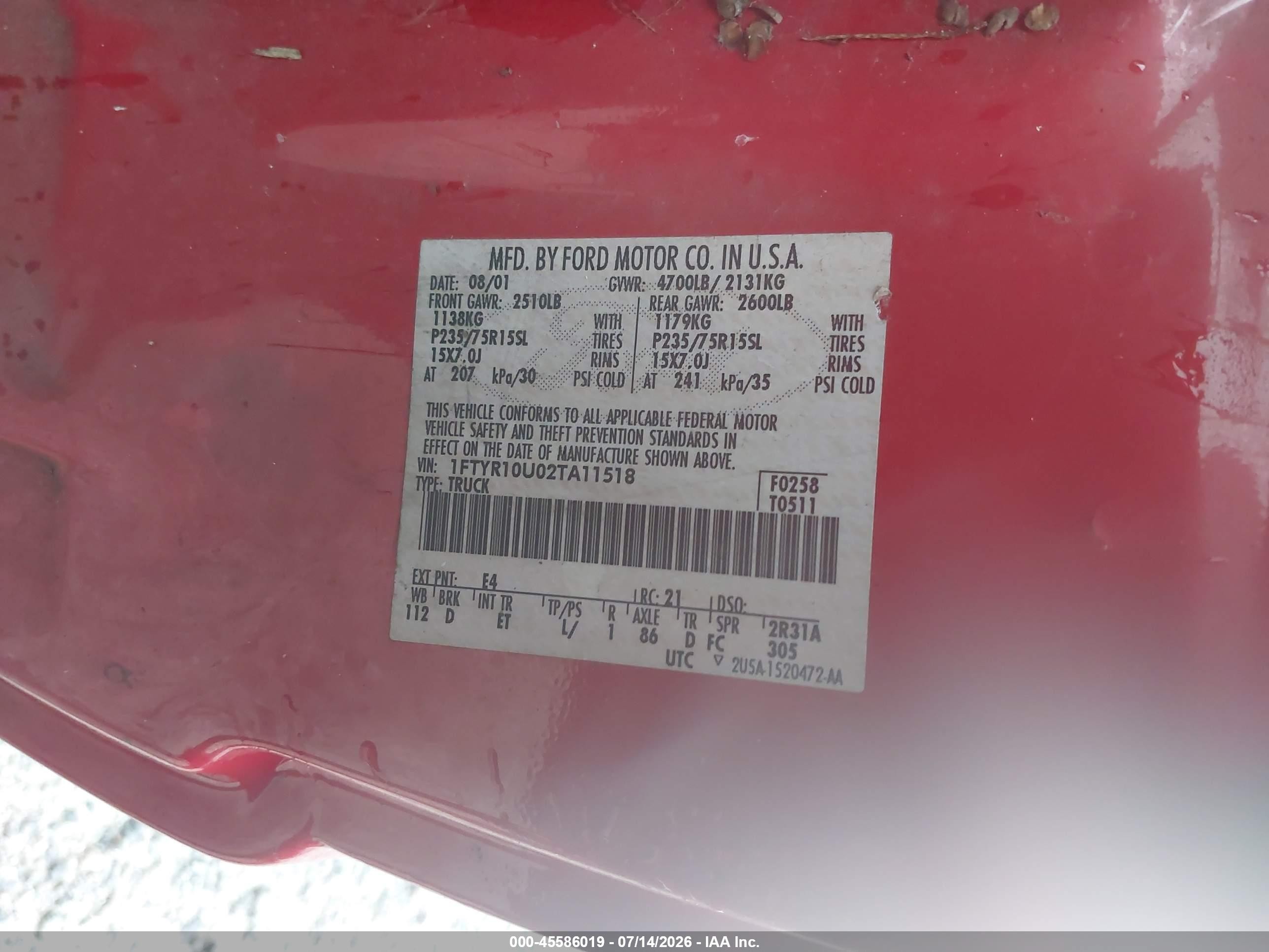 2002 Ford Ranger Edge/xl/xlt Red vin: 1FTYR10U02TA11518