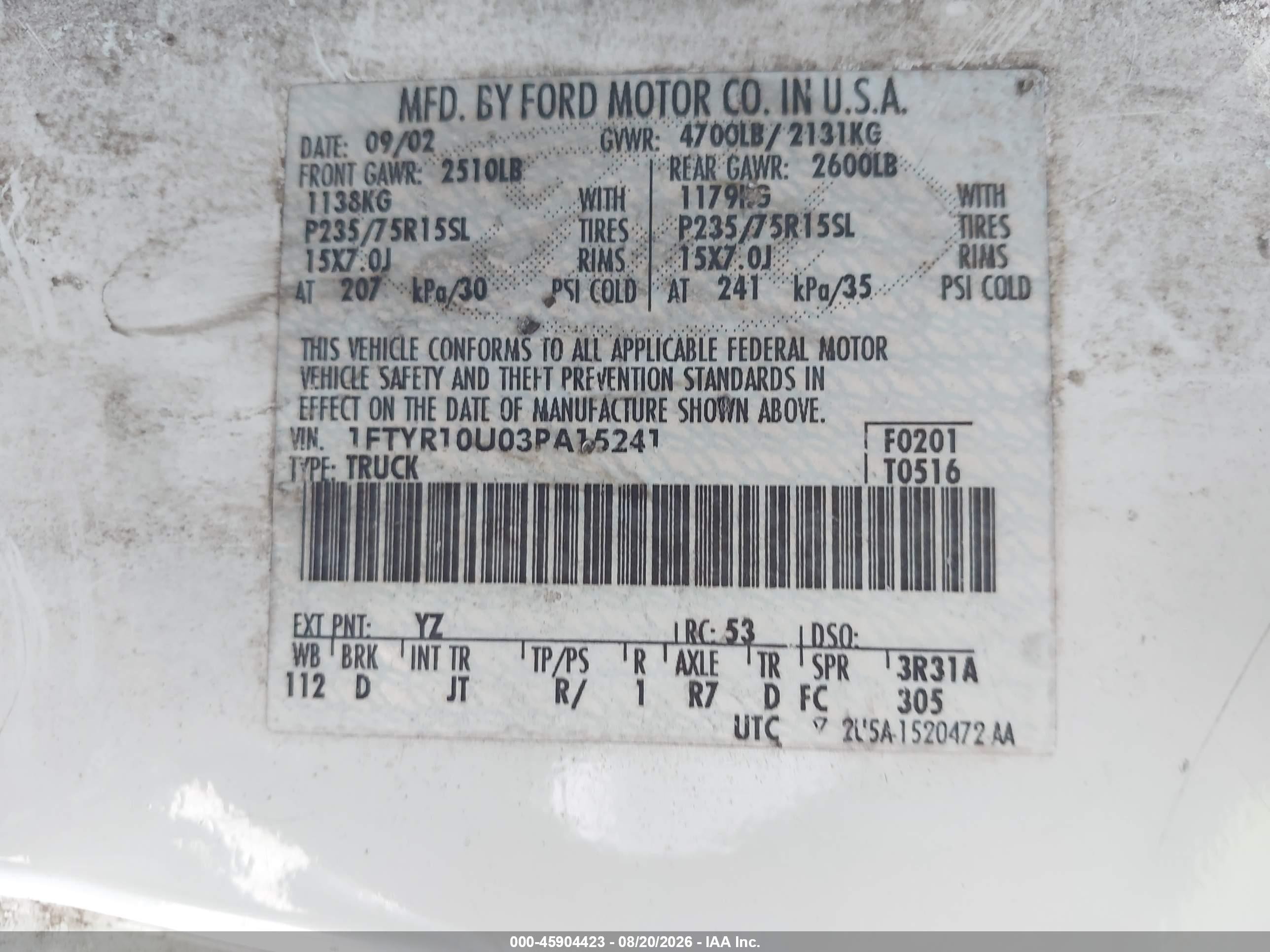 2003 Ford Ranger Edge/xl/xlt White vin: 1FTYR10U03PA15241