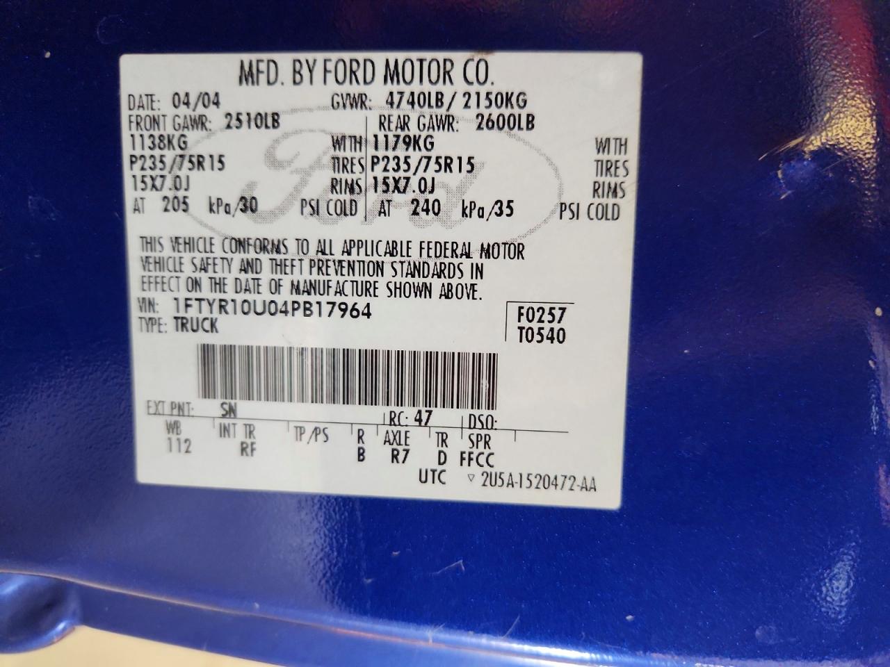 2004 Ford Ranger Blue vin: 1FTYR10U04PB17964