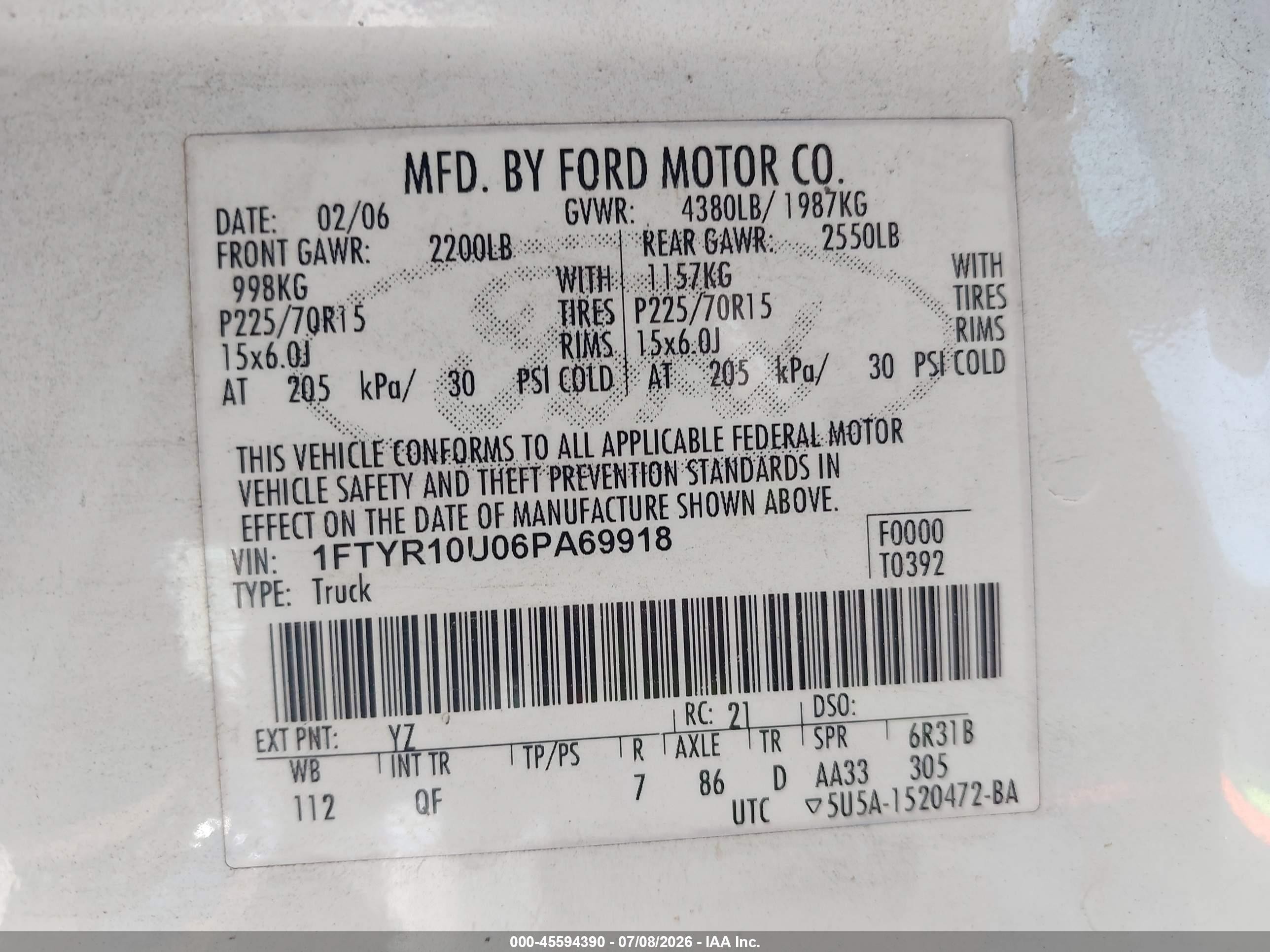 2006 Ford Ranger Sport/stx/xl/xlt White vin: 1FTYR10U06PA69918