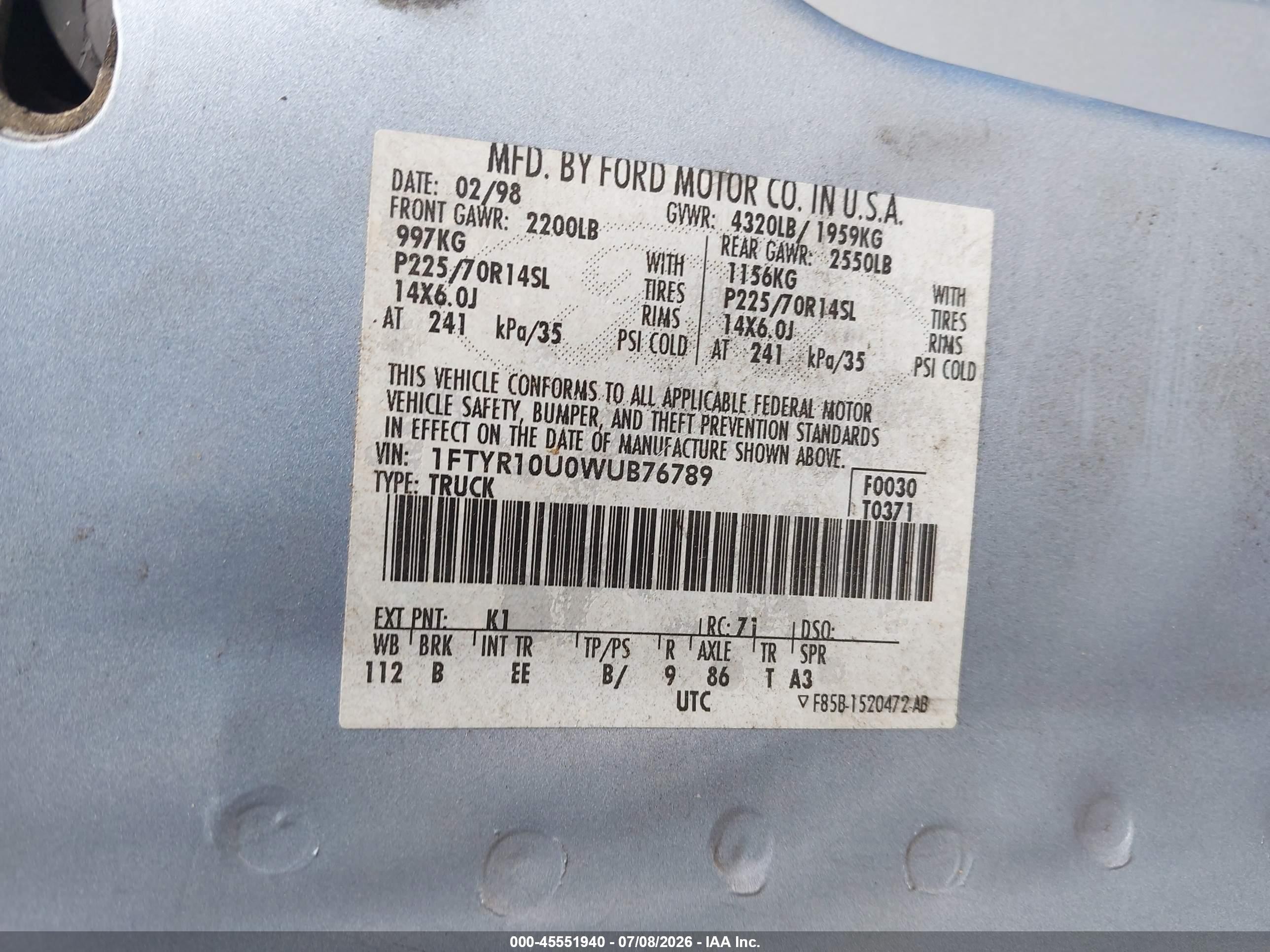 1998 Ford Ranger Splash/xl/xlt Blue vin: 1FTYR10U0WUB76789