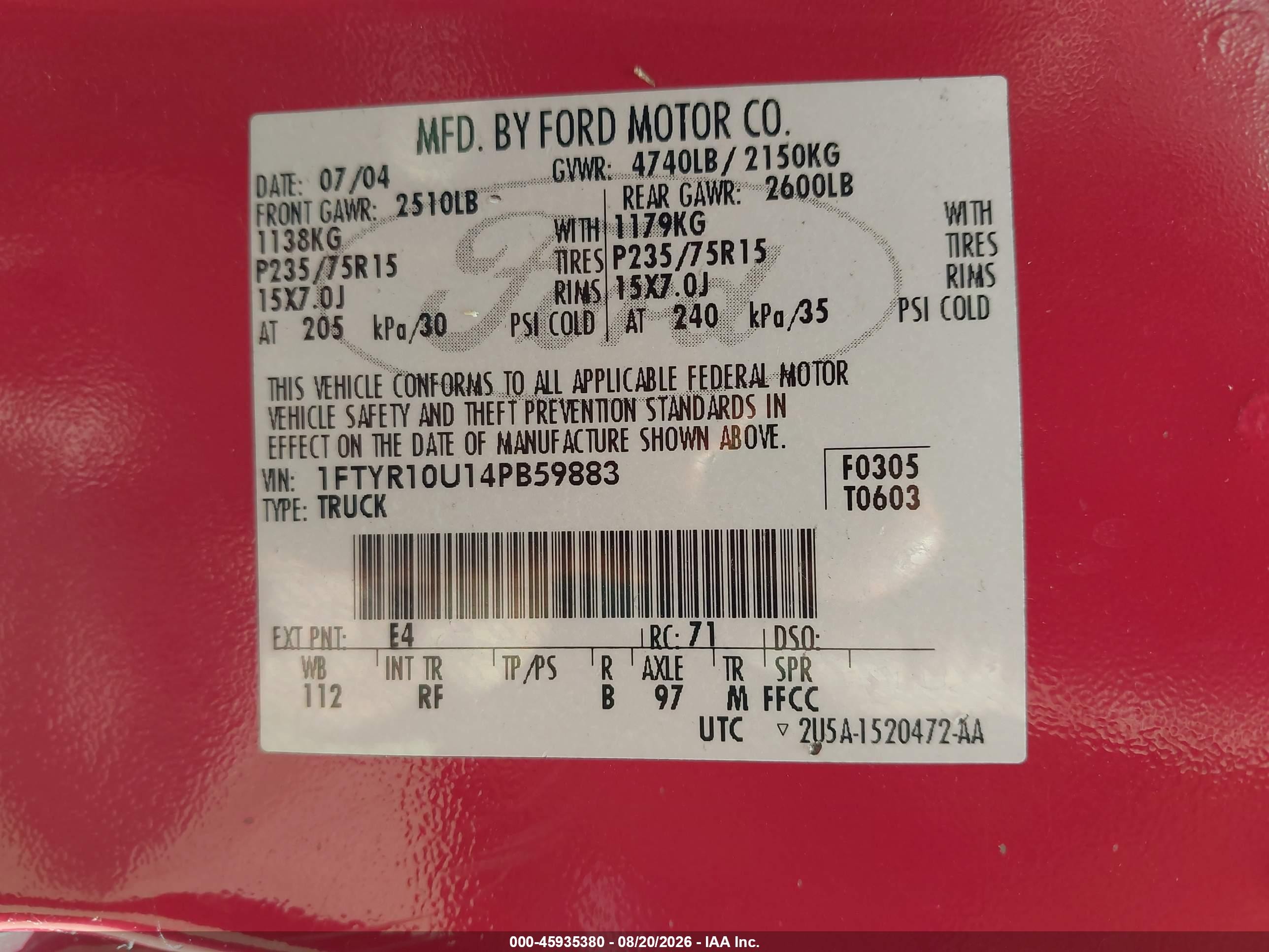 2004 Ford Ranger Edge/xl/xlt Red vin: 1FTYR10U14PB59883