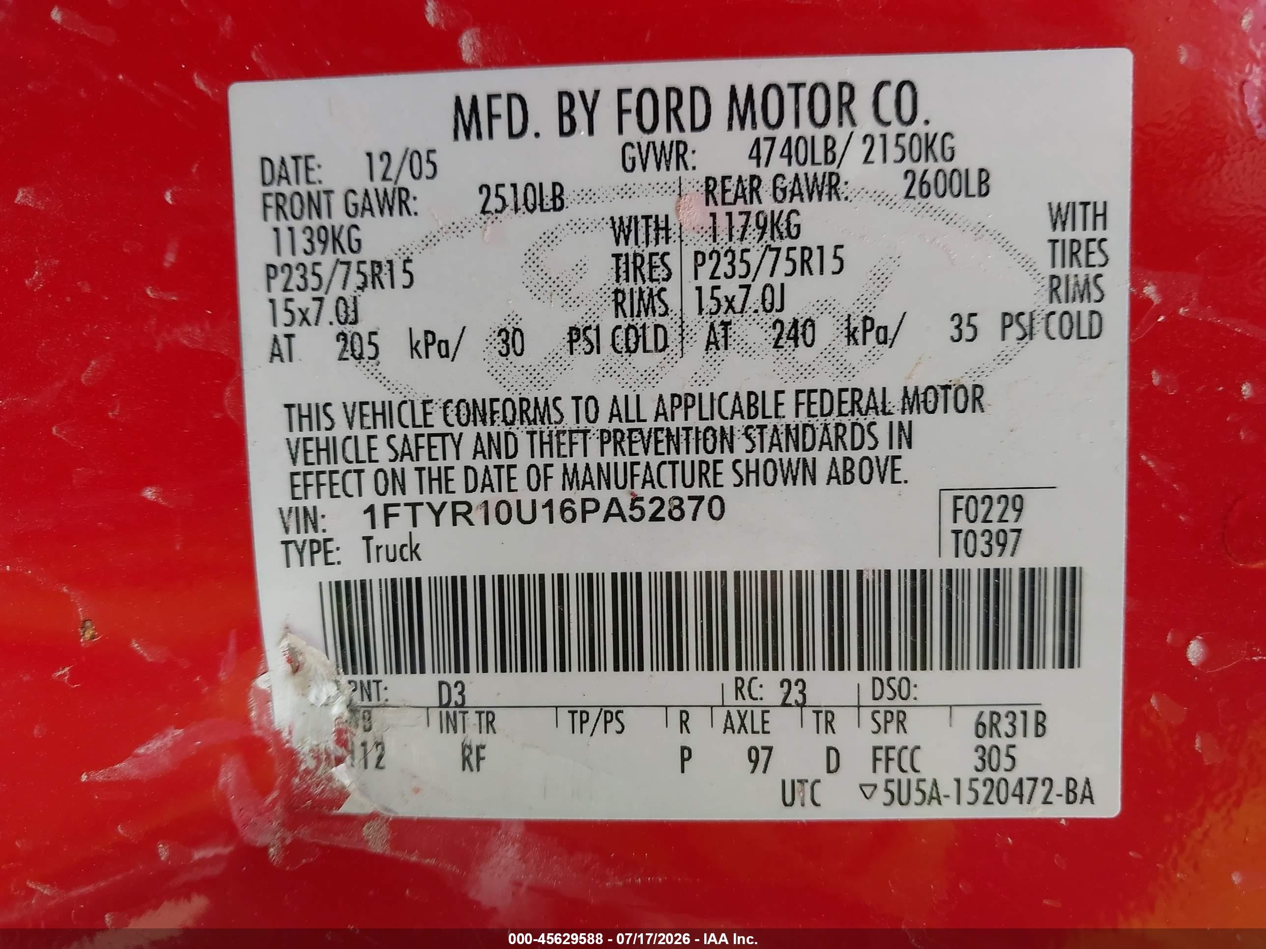 2006 Ford Ranger Sport/stx/xl/xlt Red vin: 1FTYR10U16PA52870