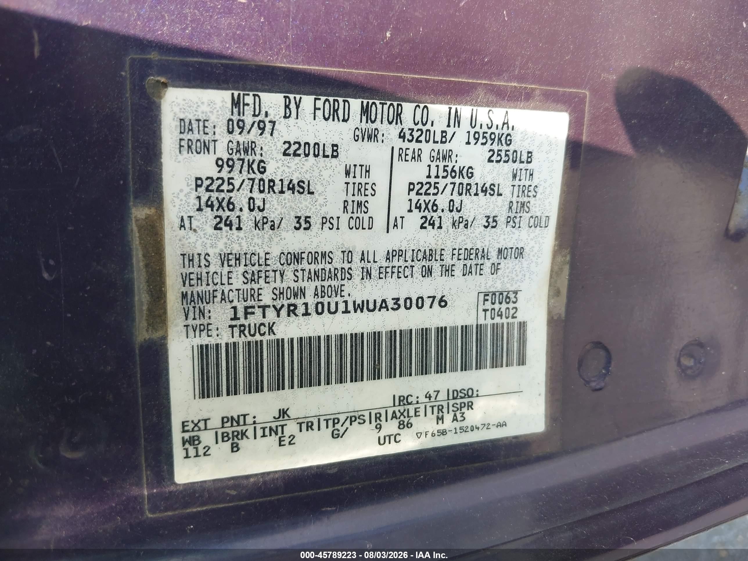 1998 Ford Ranger Splash/xl/xlt Фиолетовый vin: 1FTYR10U1WUA30076