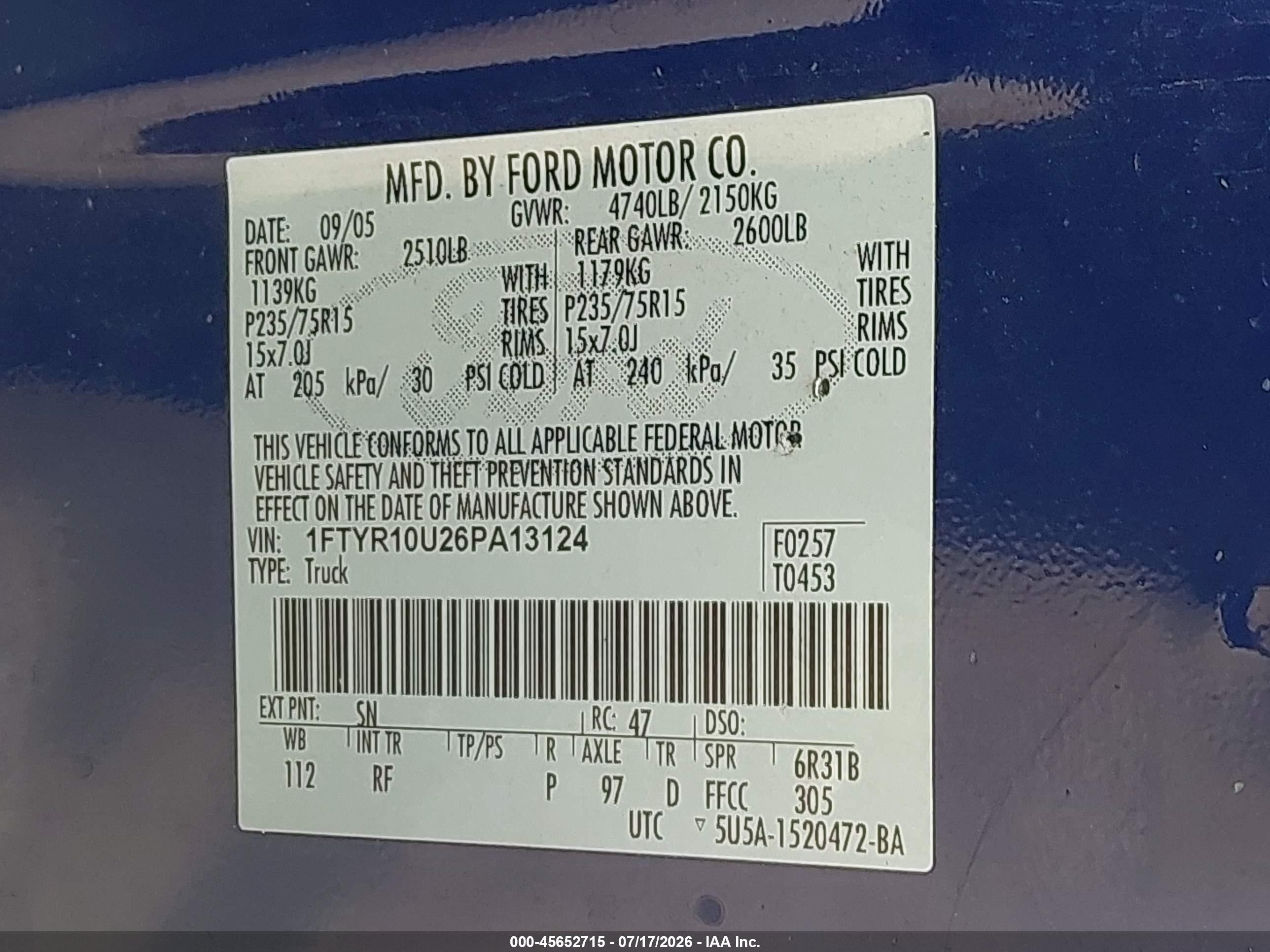 2006 Ford Ranger Sport/stx/xl/xlt Синий vin: 1FTYR10U26PA13124