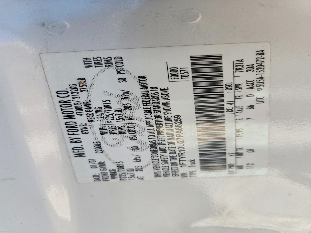 2007 Ford Ranger White vin: 1FTYR10U27PA66259