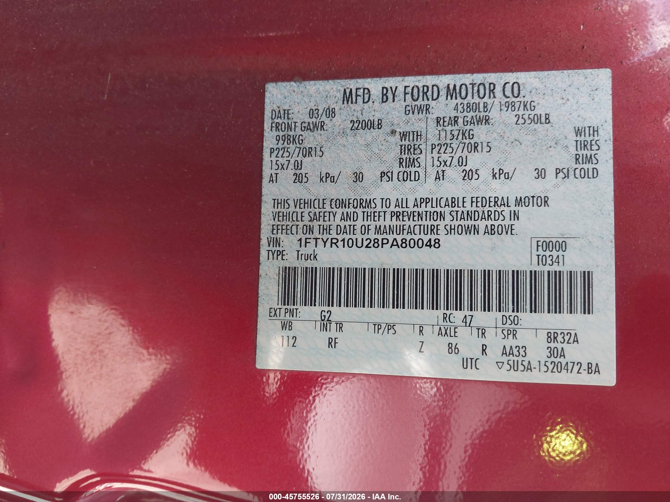 2008 Ford Ranger Sport/xl/xlt Red vin: 1FTYR10U28PA80048