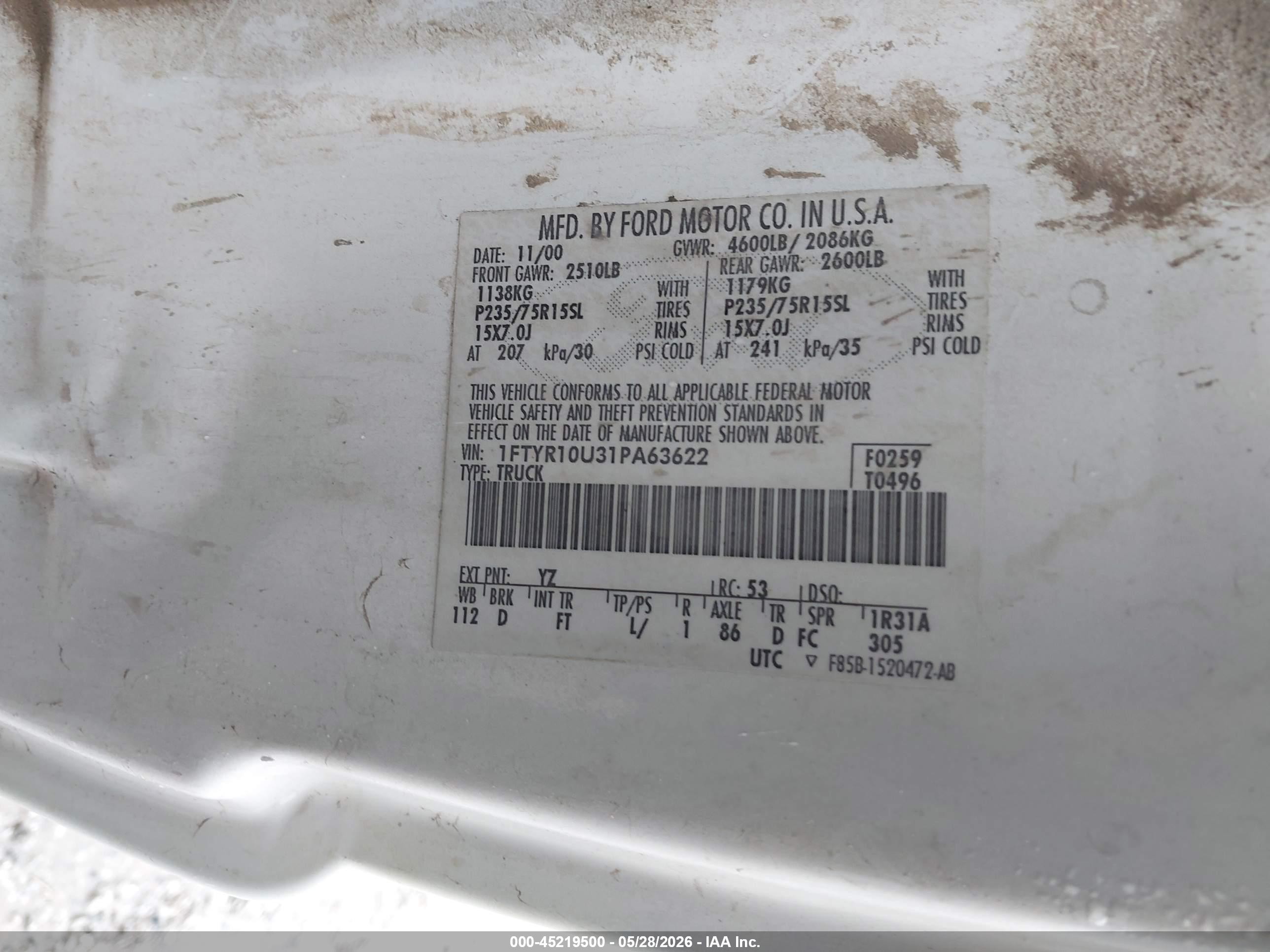 2001 Ford Ranger Edge/xl/xlt White vin: 1FTYR10U31PA63622