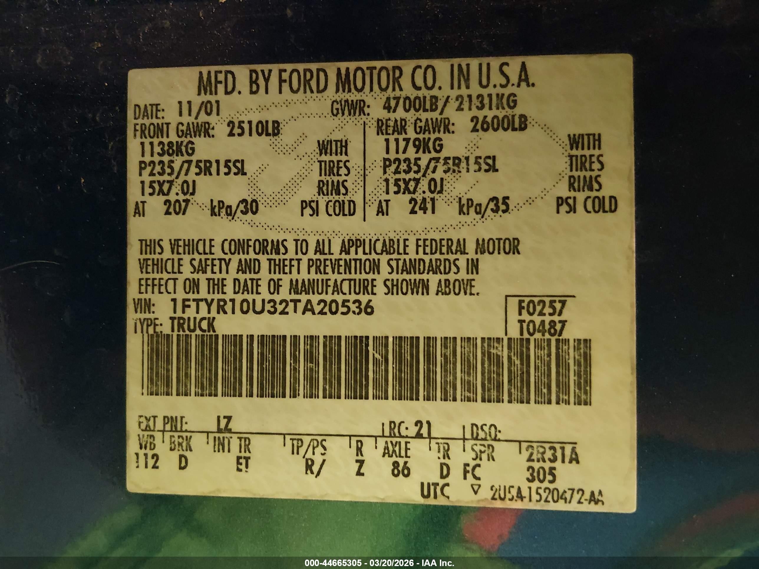 2002 Ford Ranger Edge/xl/xlt Blue vin: 1FTYR10U32TA20536
