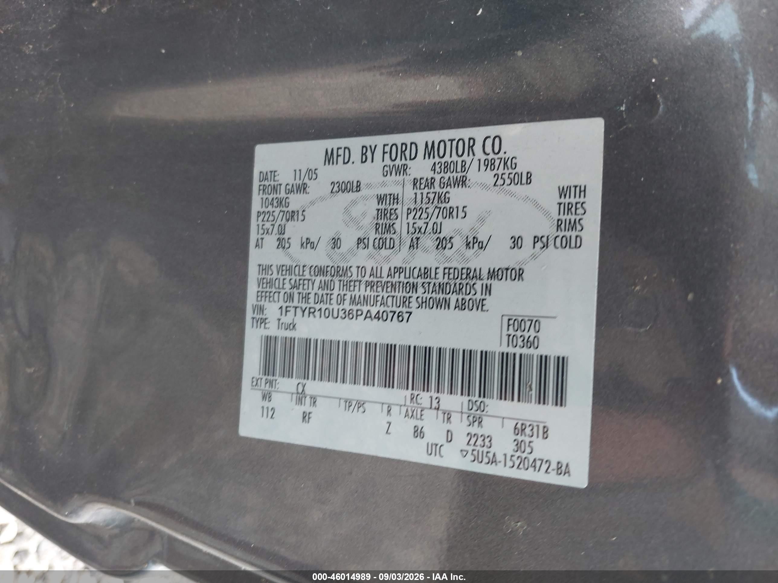 2006 Ford Ranger Sport/stx/xl/xlt Gray vin: 1FTYR10U36PA40767