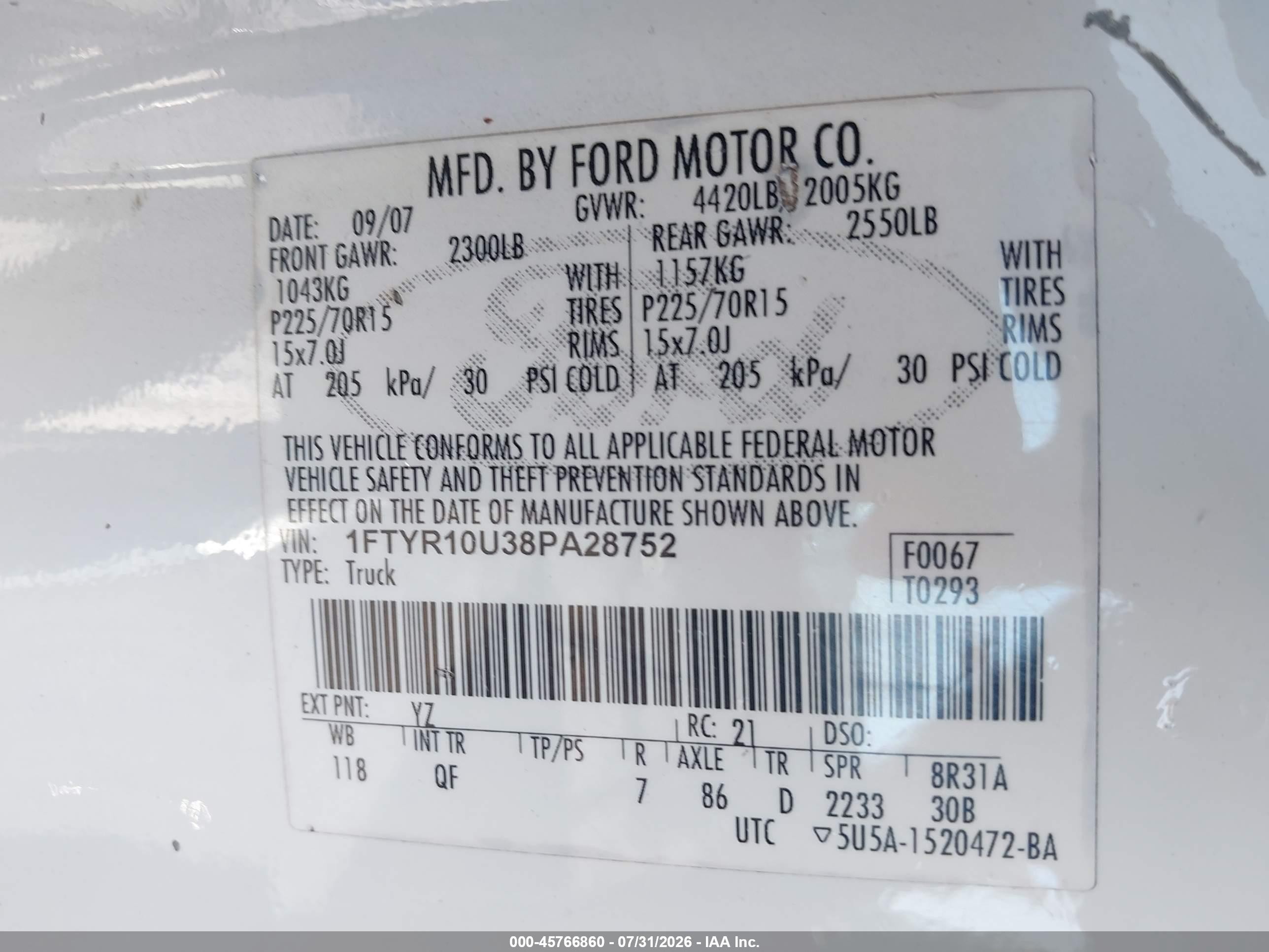 2008 Ford Ranger Sport/xl/xlt Белый vin: 1FTYR10U38PA28752