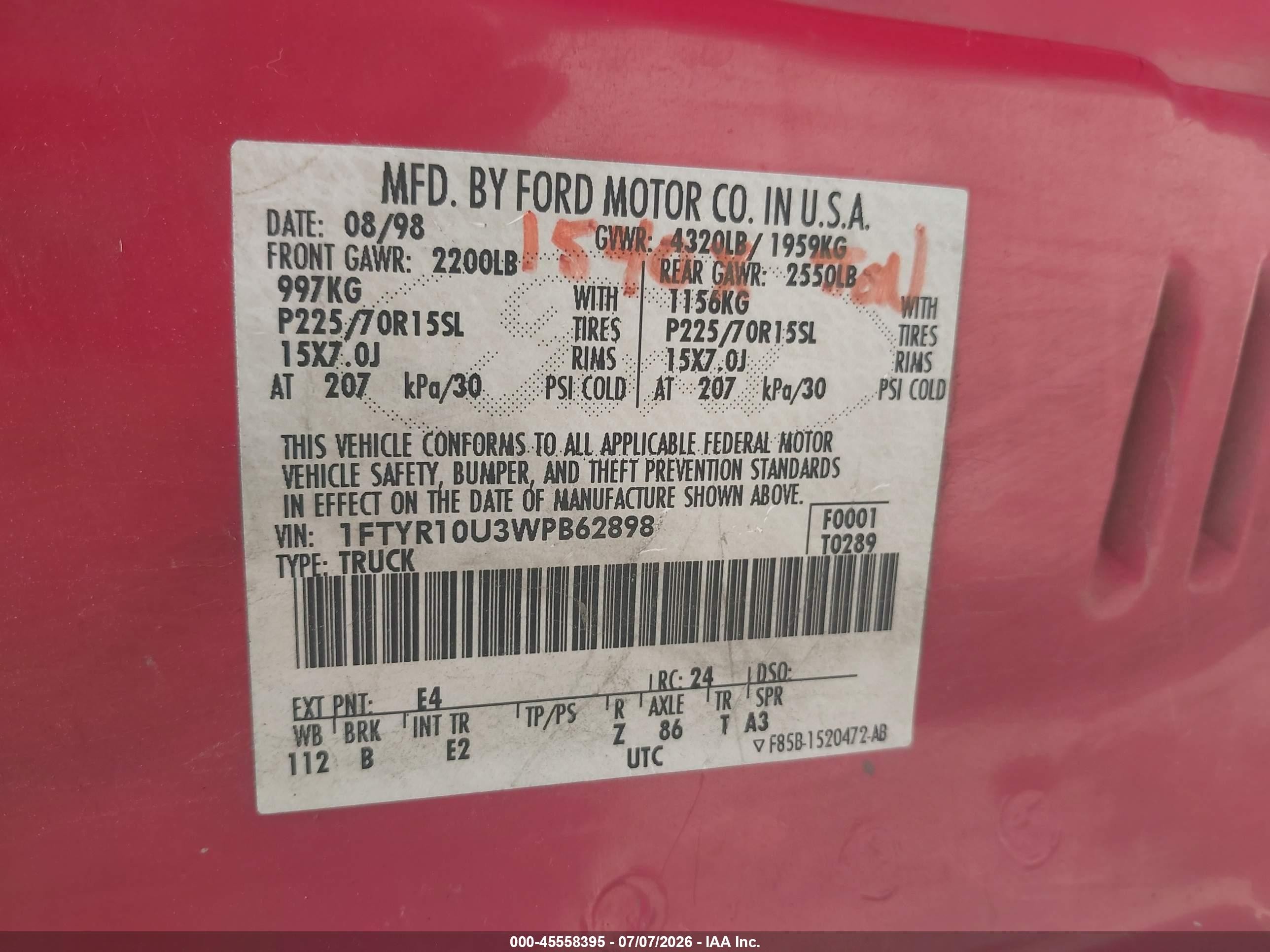 1998 Ford Ranger Splash/xl/xlt Red vin: 1FTYR10U3WPB62898