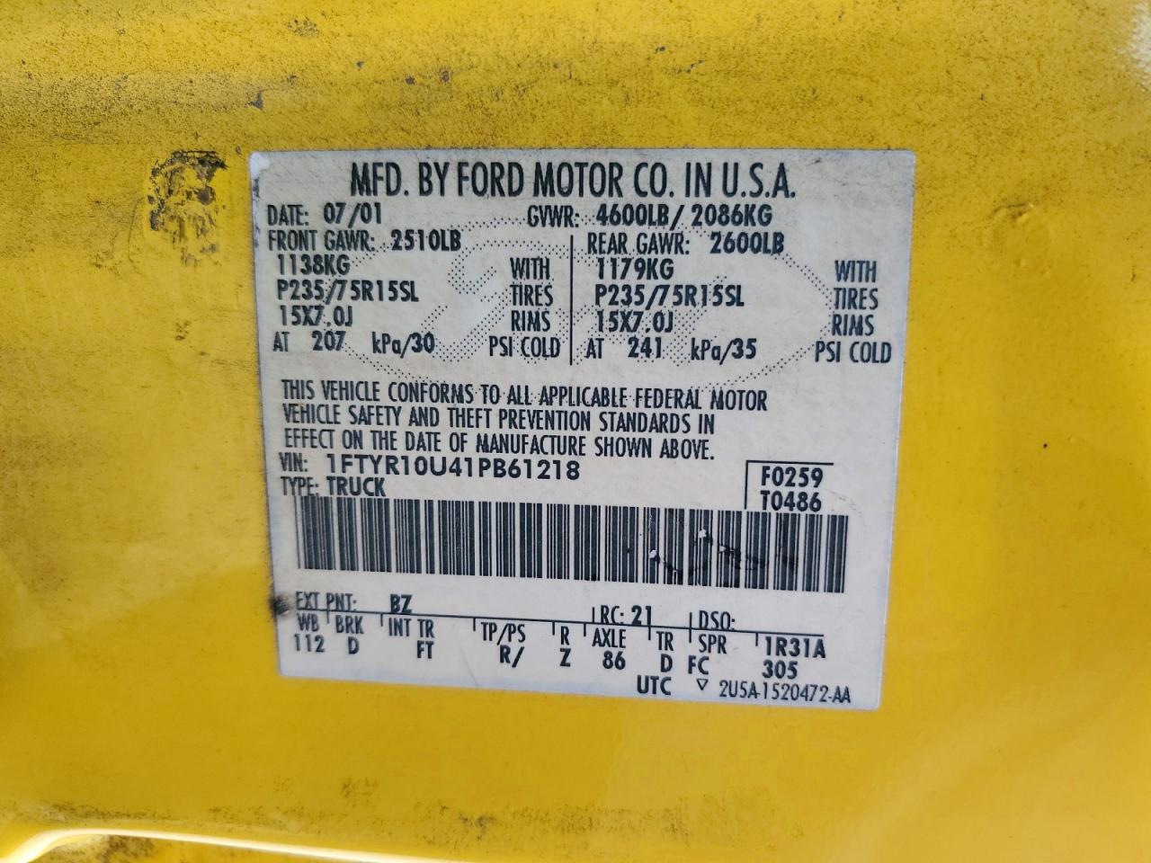 2001 Ford Ranger Yellow vin: 1FTYR10U41PB61218